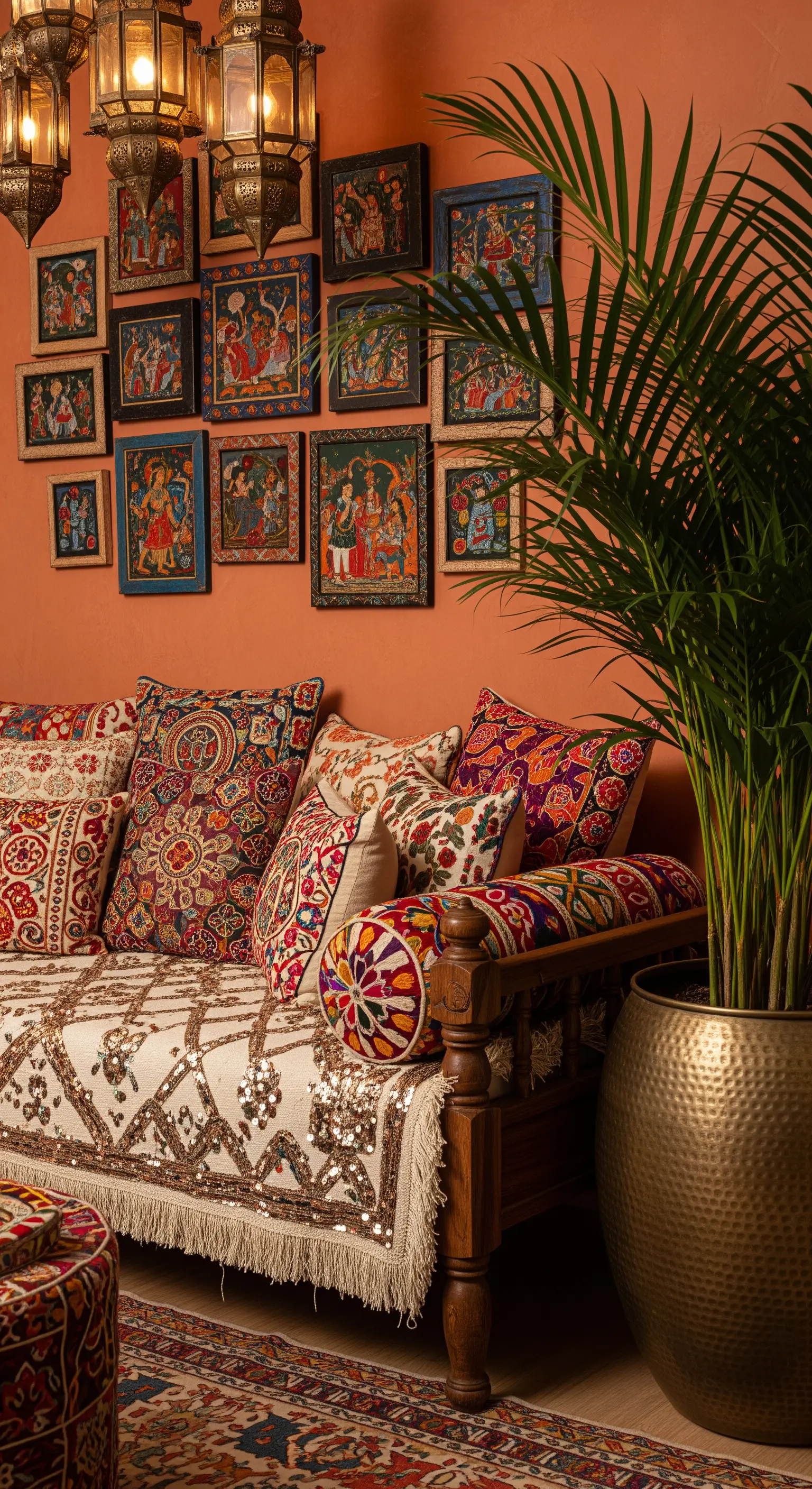 Divano in stile indiano con tessuti ricamati, parete terracotta con quadri e lanterne marocchine.