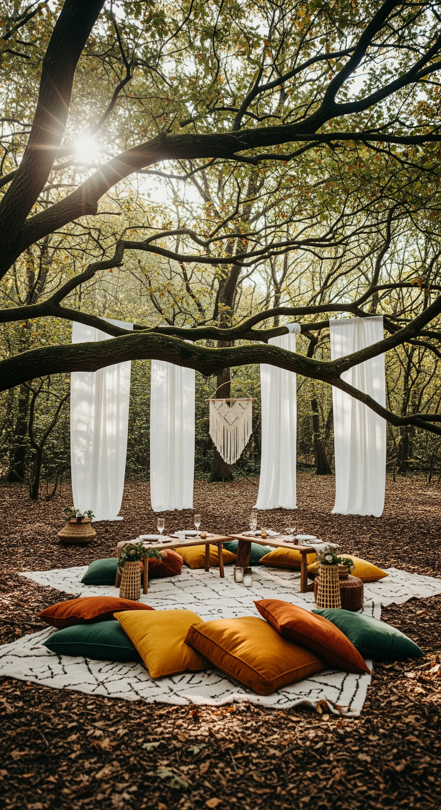 Allestimento nel bosco con teli bianchi tra gli alberi, tappeto e cuscini colorati.