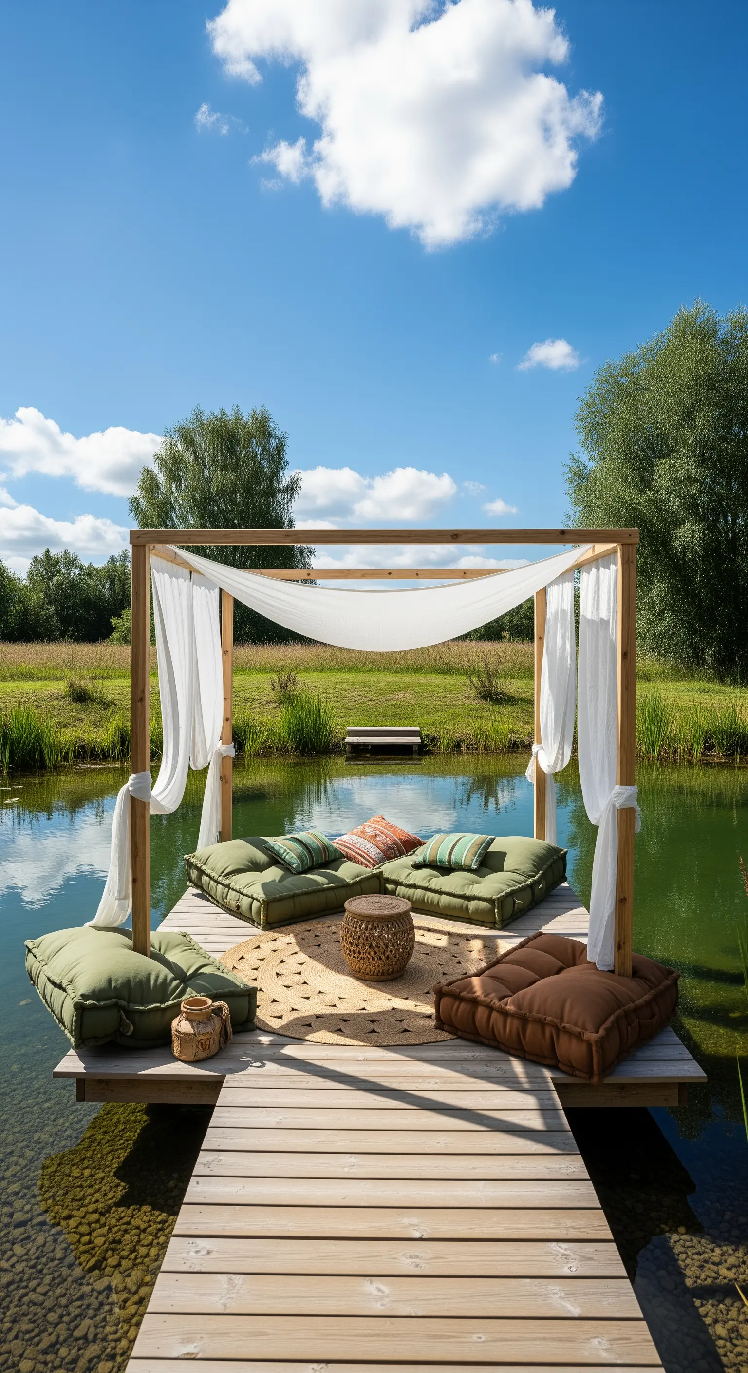 Pontile in legno sull'acqua con baldacchino, materassi da terra e tappeto in juta.