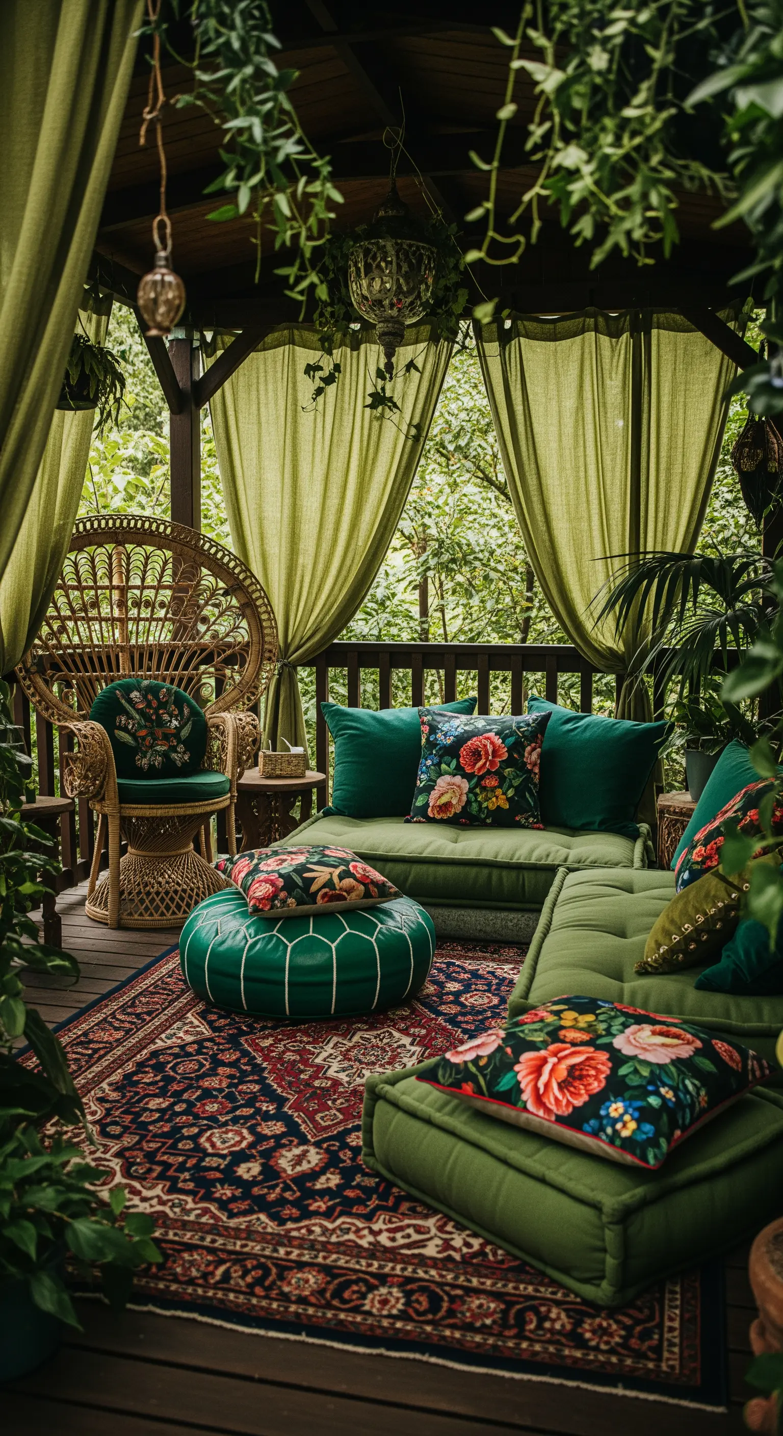 Gazebo in legno immerso nel verde con divani bassi verdi, cuscini floreali e tappeto persiano.