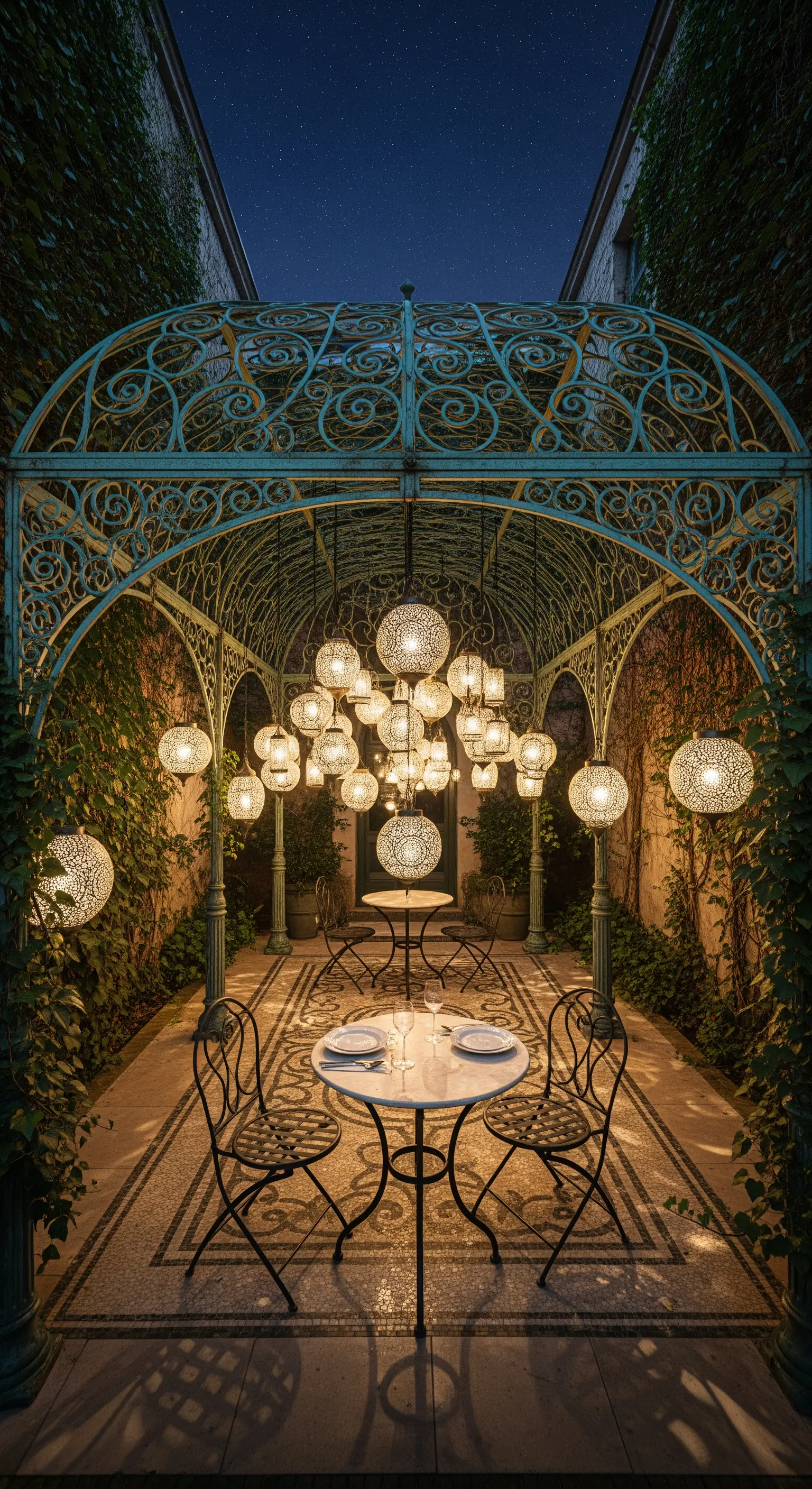 Gazebo in ferro battuto verde petrolio illuminato da decine di lanterne marocchine sospese.