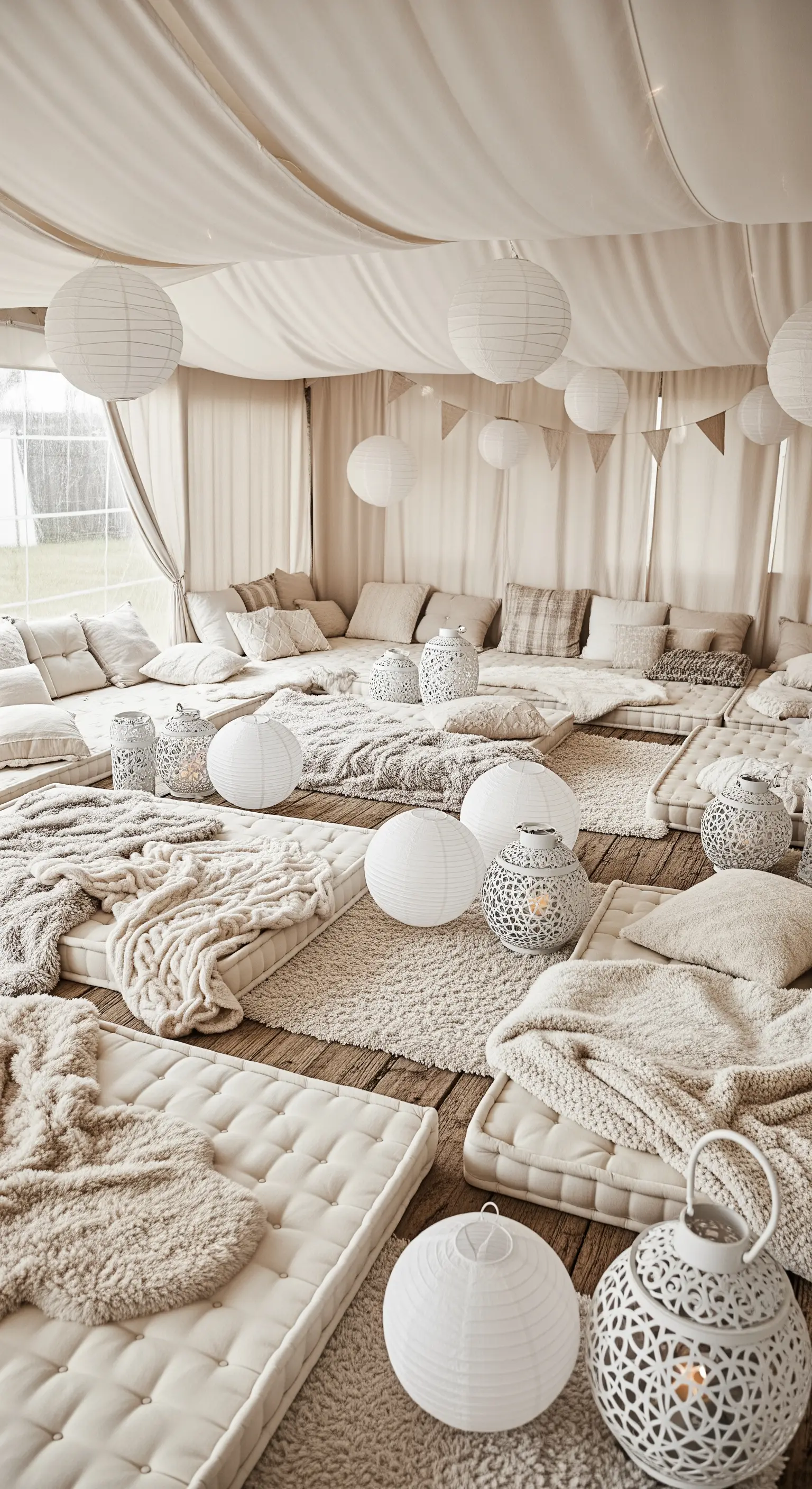 Interno di una tenda con materassini, cuscini, plaid e lanterne per un evento.