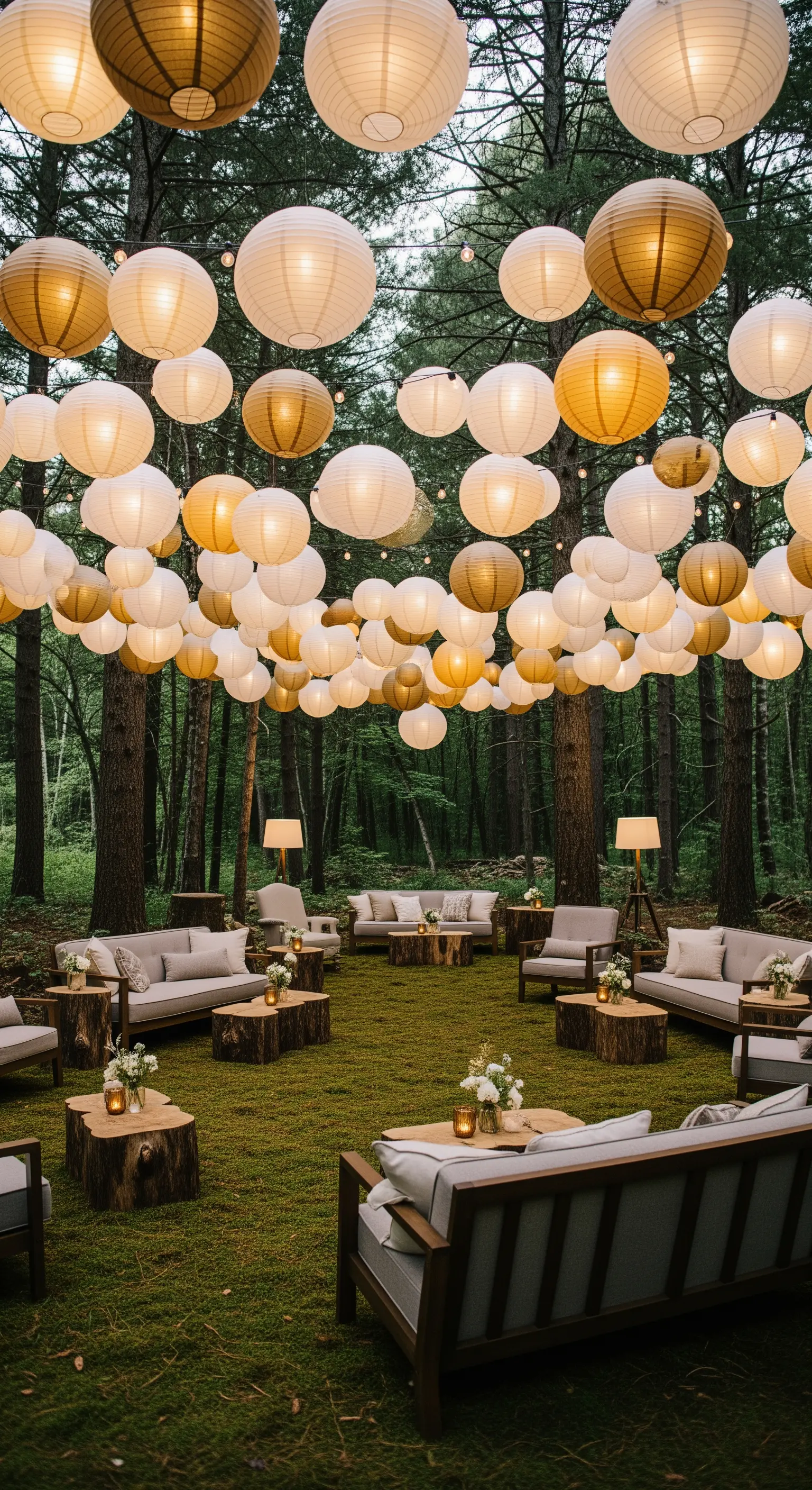 Area lounge nel bosco con divani, tavolini a forma di tronco e un soffitto di lanterne di carta.
