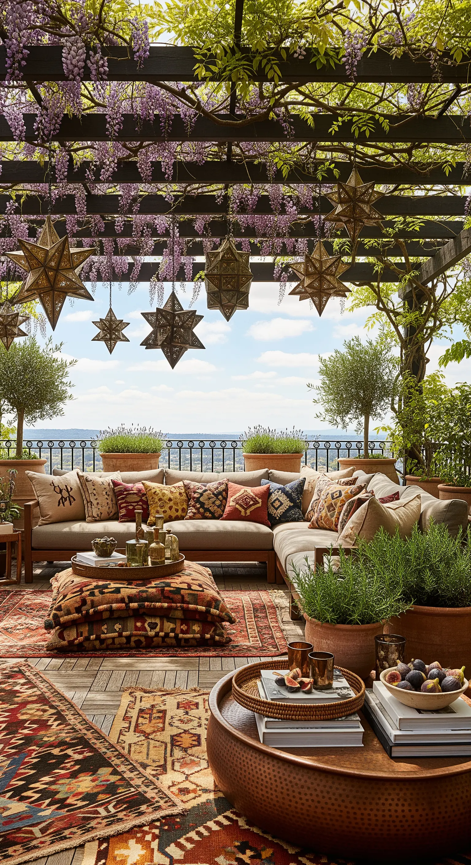 Grande terrazza con pergola in legno, divano angolare, tappeti kilim e lanterne a stella.