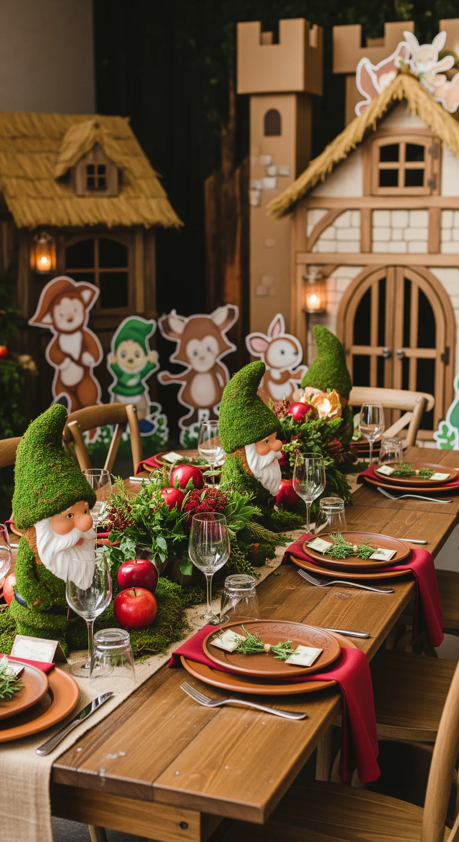 Tavola a tema Biancaneve con decorazioni rustiche, mele rosse e gnomi del bosco.