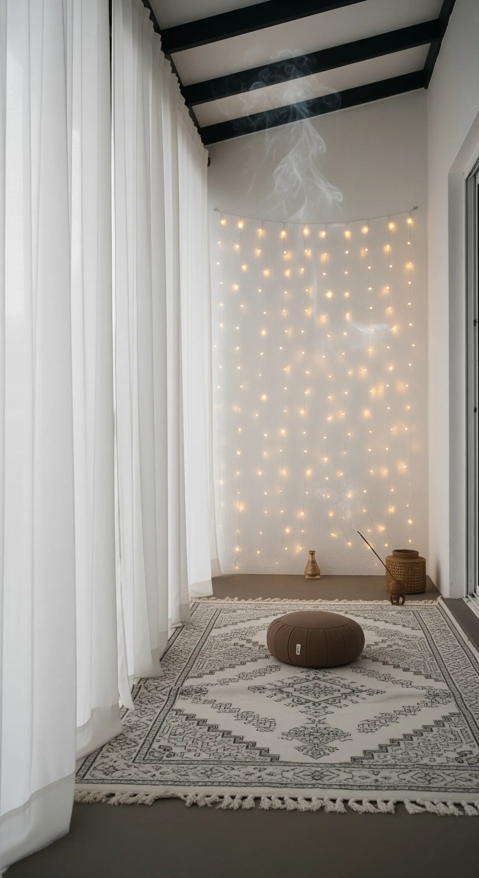 Angolo meditazione minimalista con cuscino, tappeto e una parete di luci.