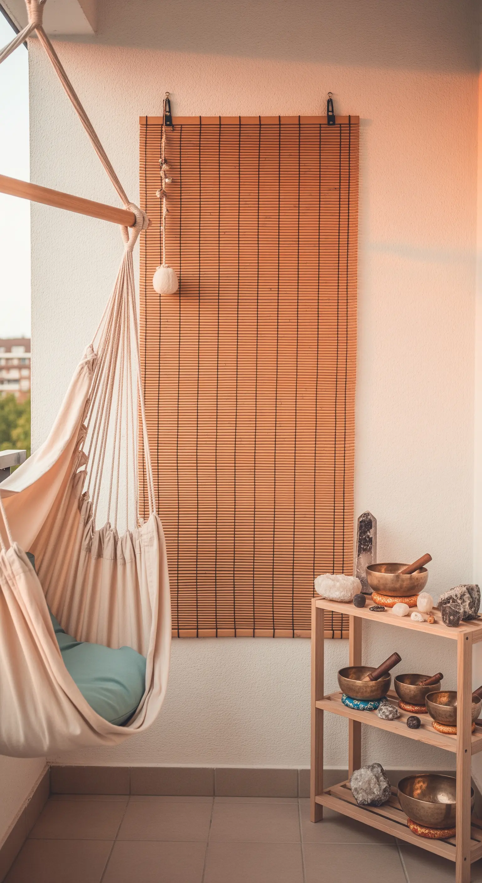 Angolo meditazione sul balcone con amaca in tessuto e campane tibetane.