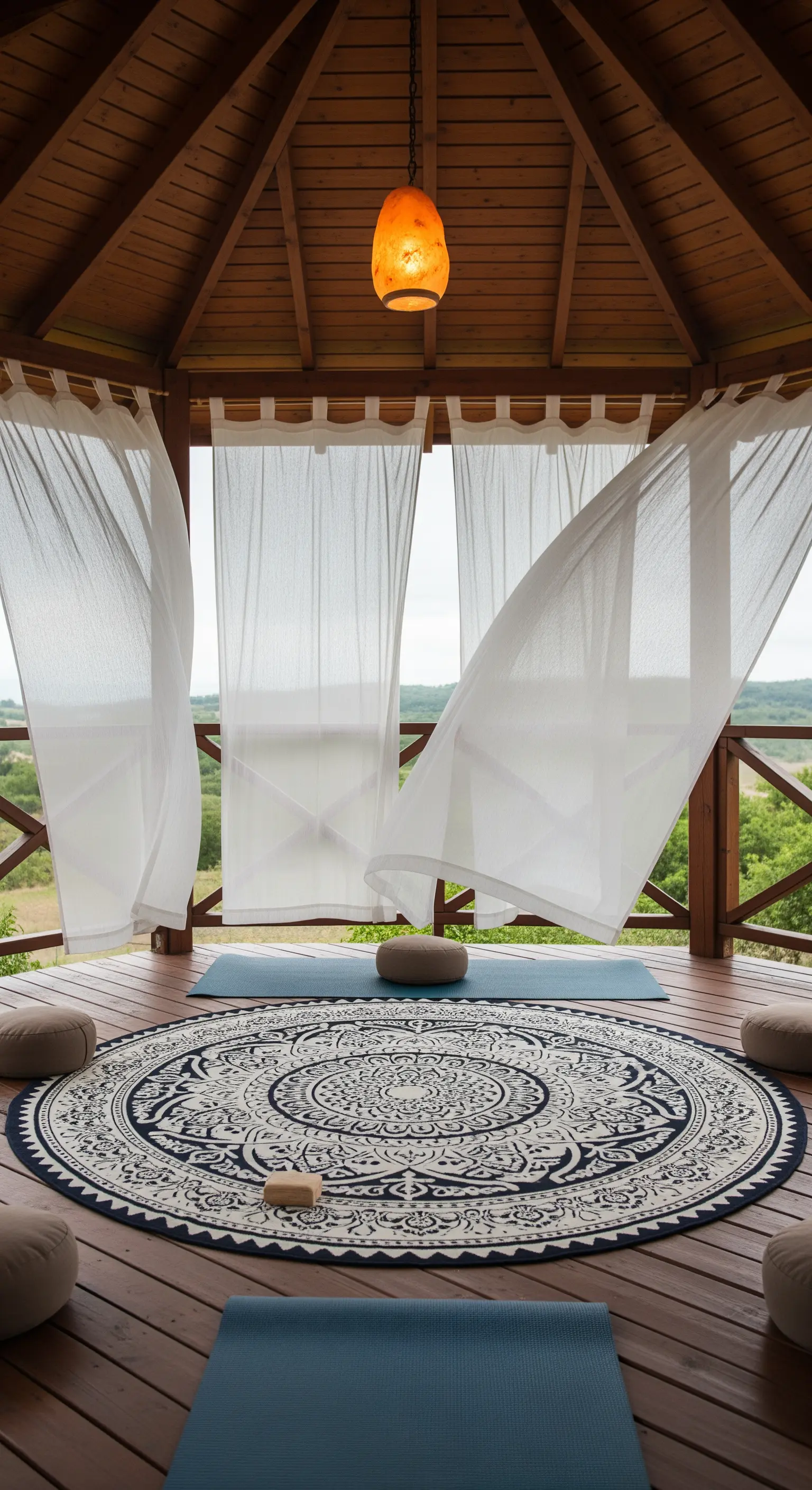 Gazebo in legno per la meditazione con tende bianche al vento e un tappeto mandala.
