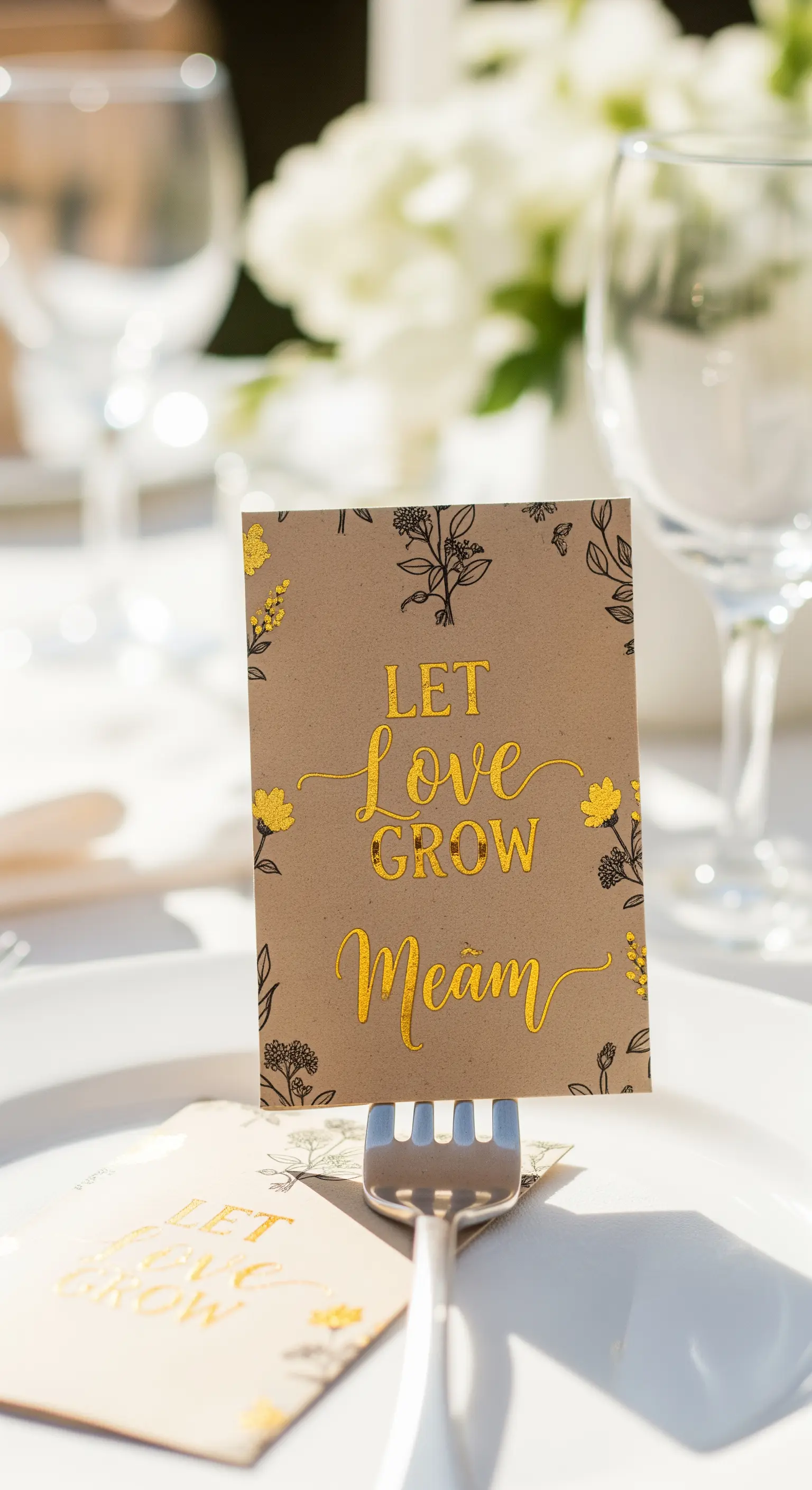 Bustina di semi in carta kraft con scritte e disegni floreali dorati, appoggiata su un piatto.