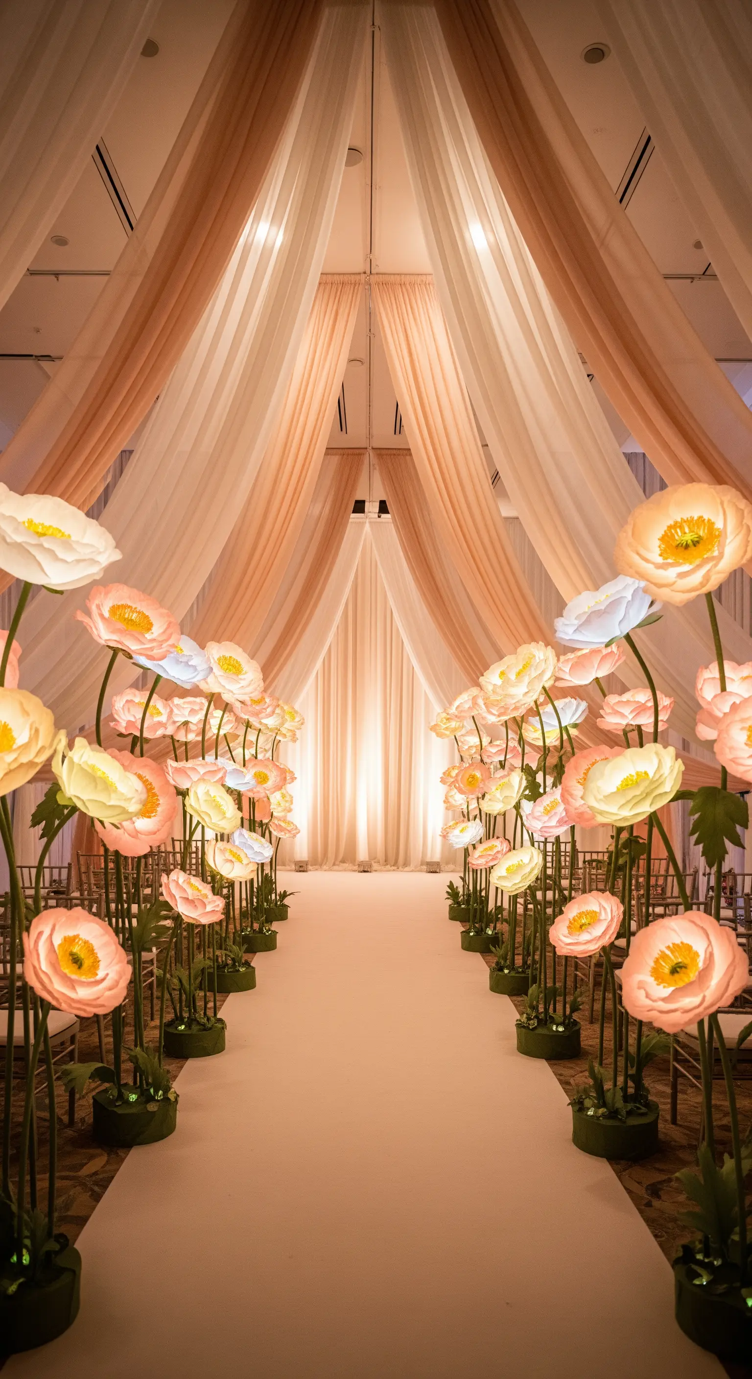 Navata nuziale interna fiancheggiata da grandi papaveri di carta luminosi.