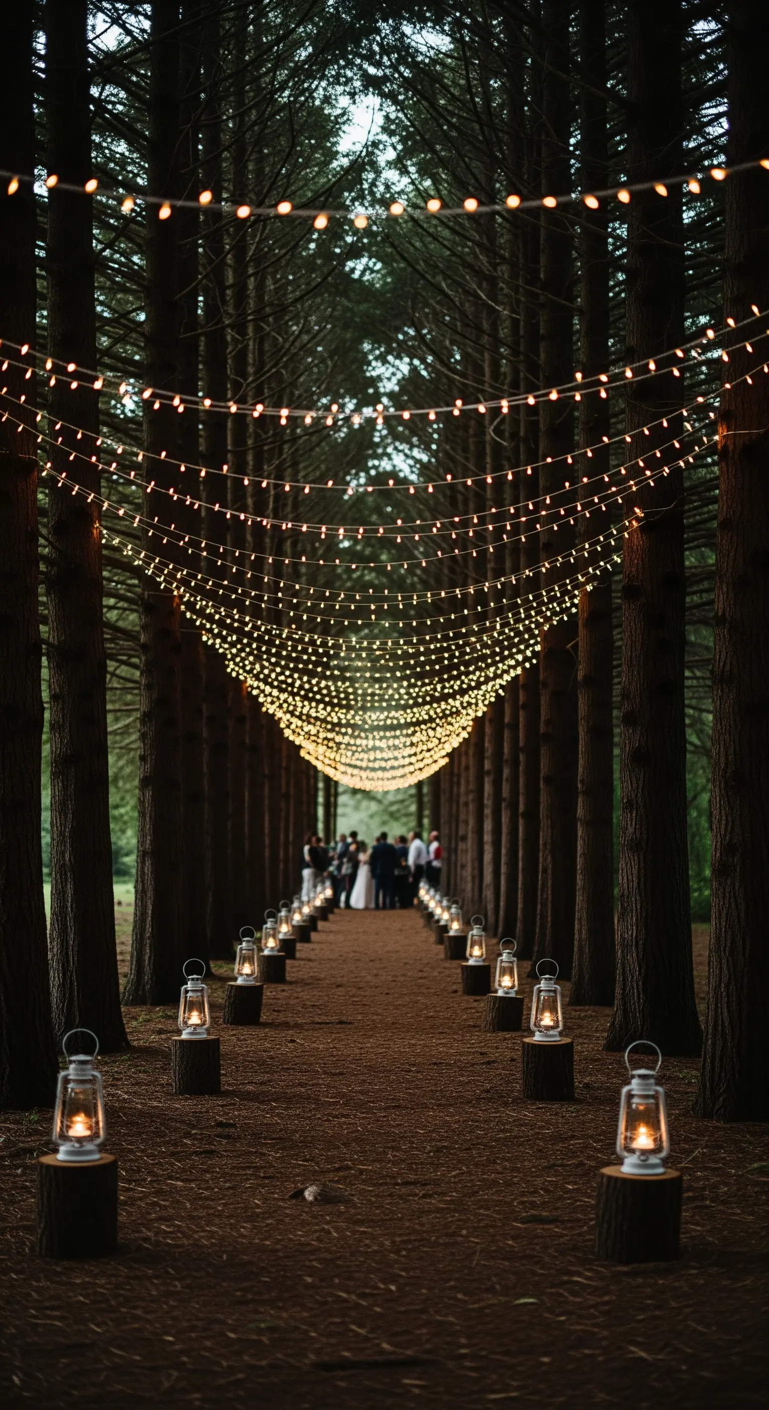 Sentiero nel bosco illuminato da lanterne su tronchi e da un tunnel di lucine sospese.