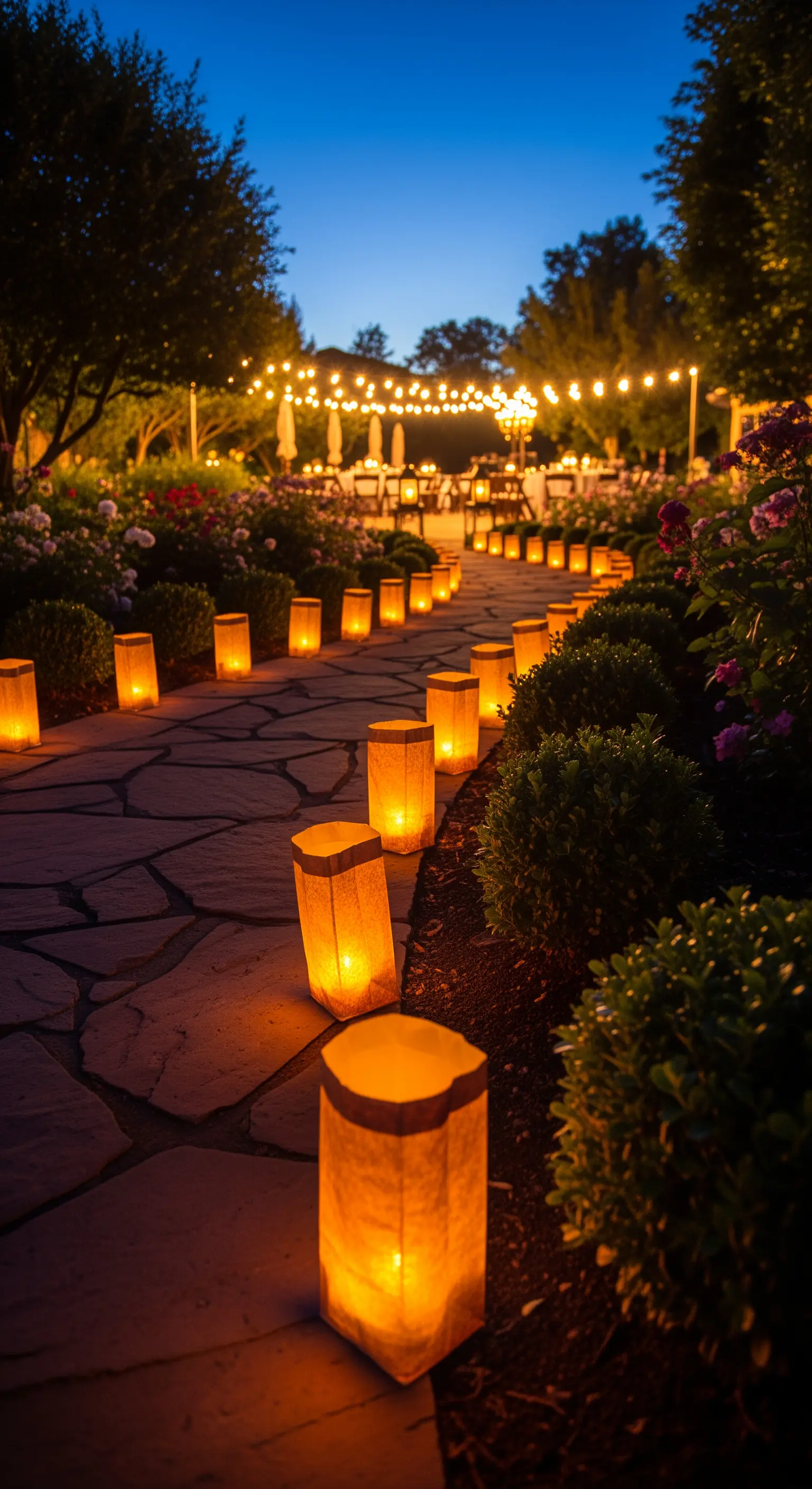 Sentiero in pietra in un giardino di notte, illuminato da sacchetti di carta con candele.