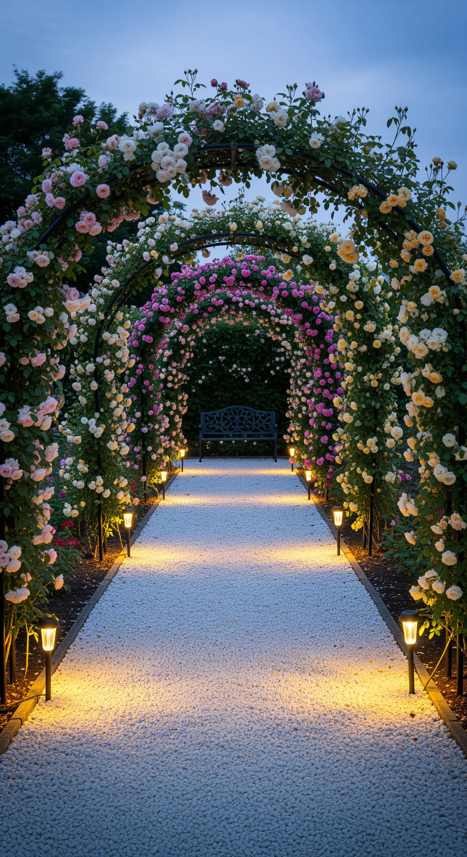 Tunnel di archi di rose illuminato da faretti solari lungo un sentiero di ghiaia bianca di notte.