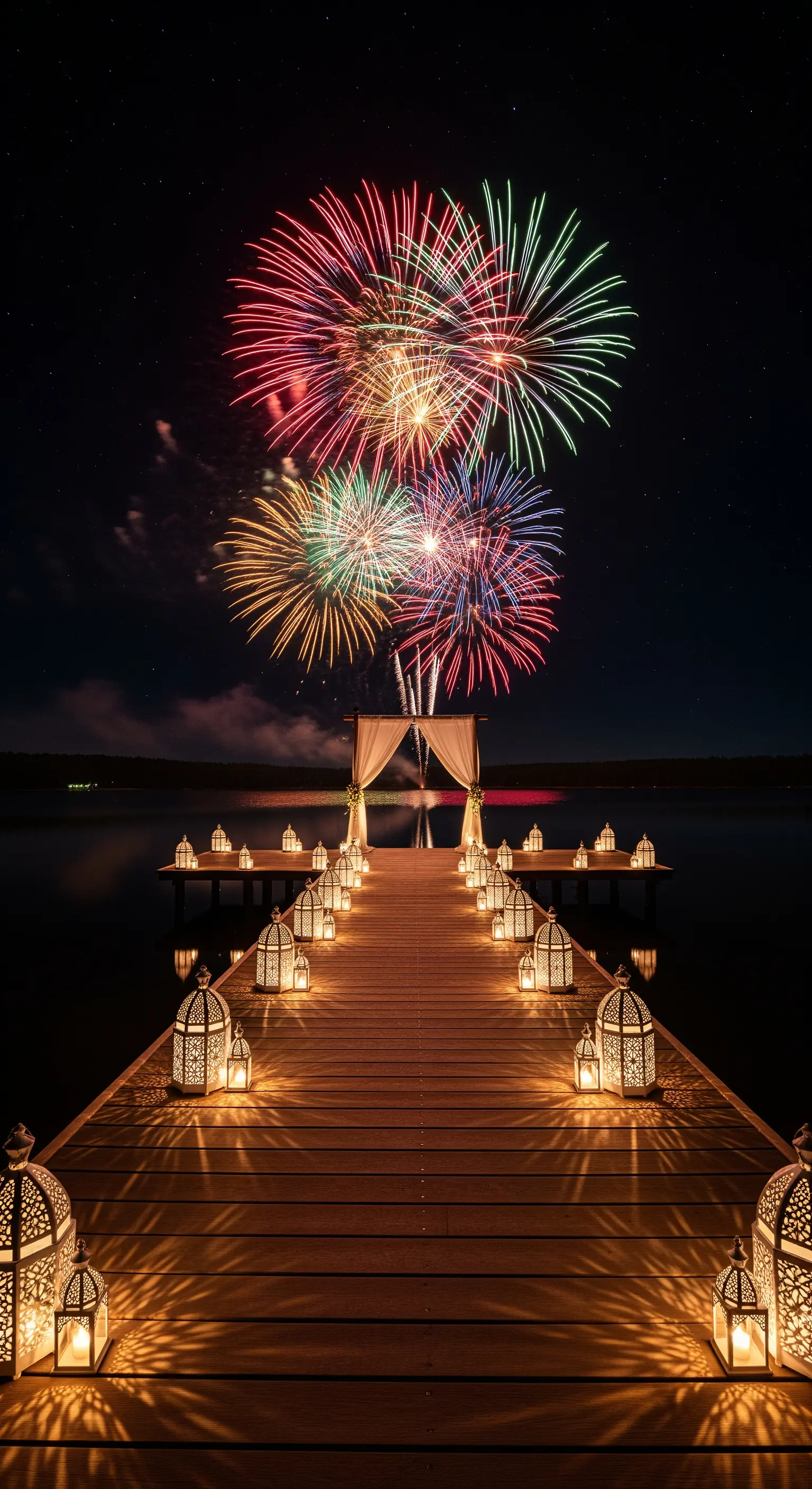 Pontile in legno illuminato da lanterne che conduce a un altare, con fuochi d'artificio sul lago