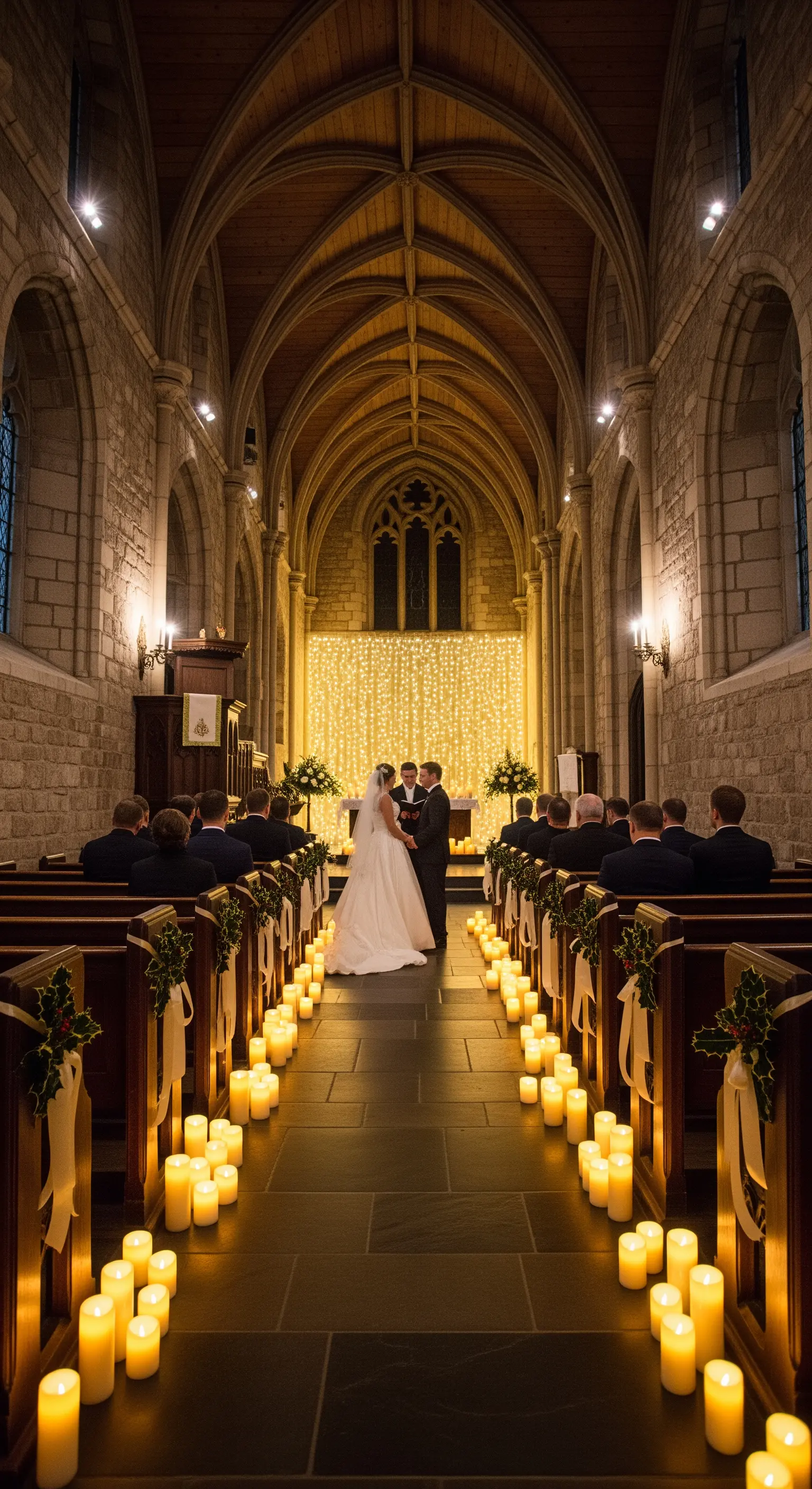 Navata di una chiesa illuminata da candele a terra e lucine sull'altare.