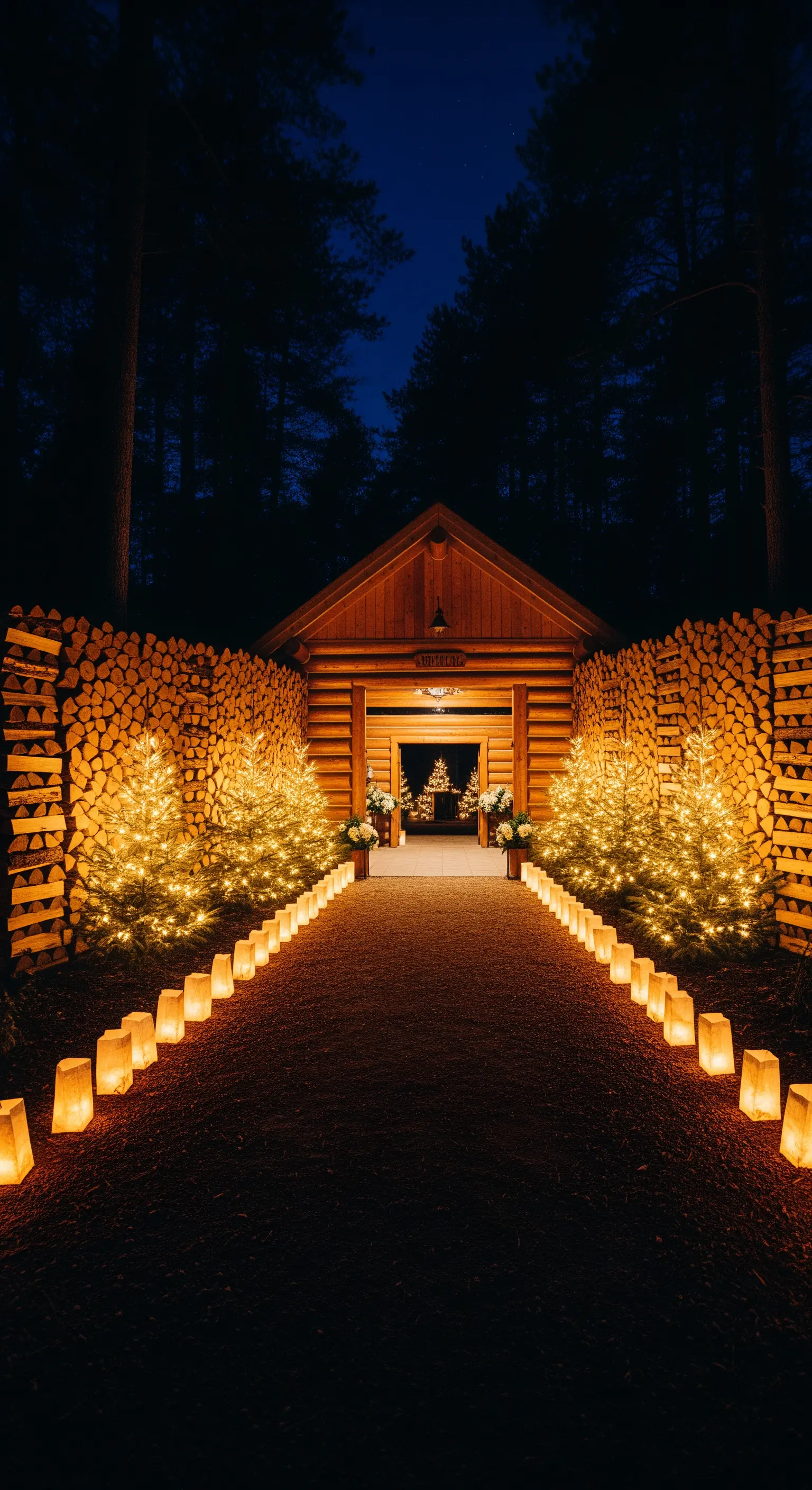 Ingresso di una baita di legno con sentiero illuminato da lanterne di carta e piccoli abeti luminosi.