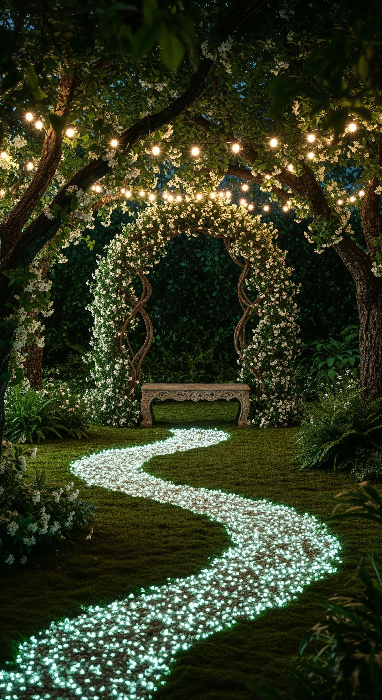 Sentiero sinuoso di pietre luminose su un prato verde, sotto alberi decorati con fili di luci calde