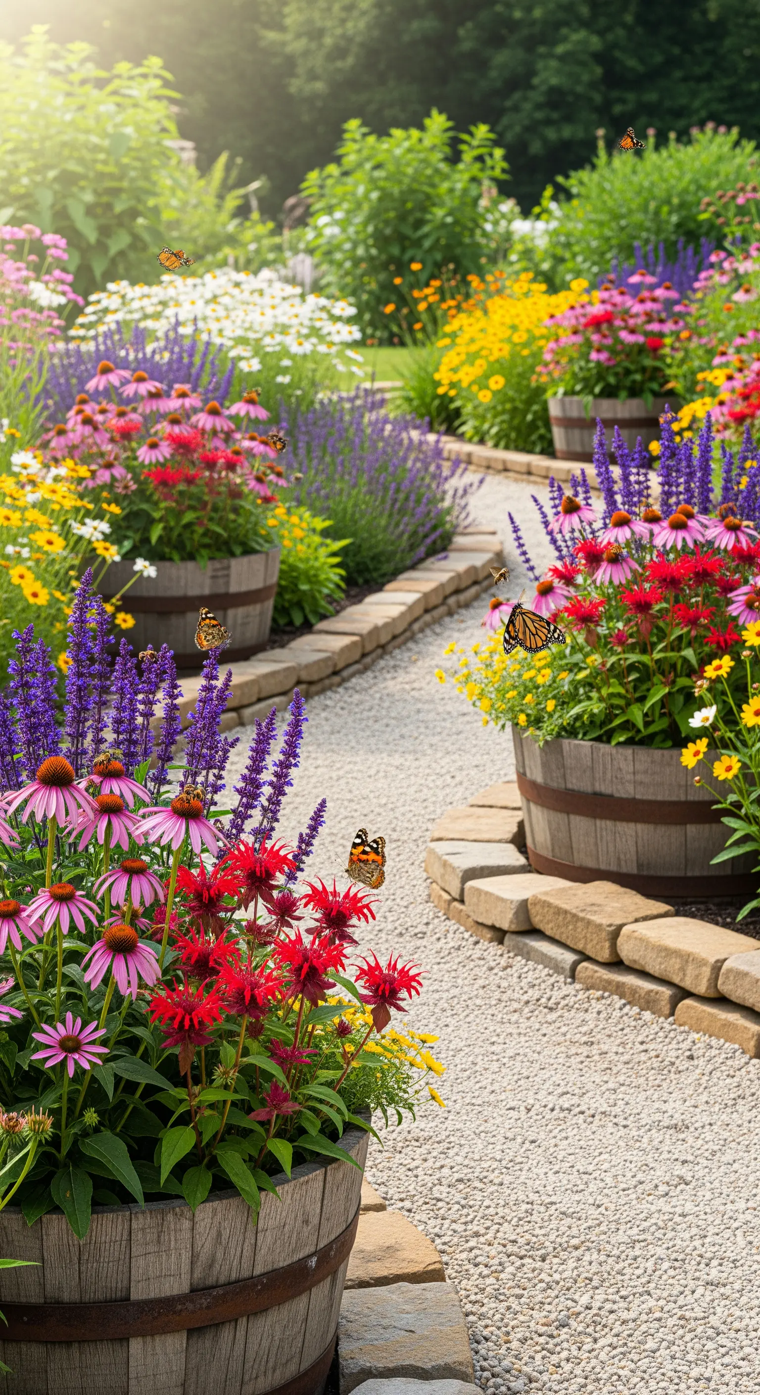 Sentiero di ghiaia in un giardino fiorito, delimitato da botti di legno piene di fiori colorati