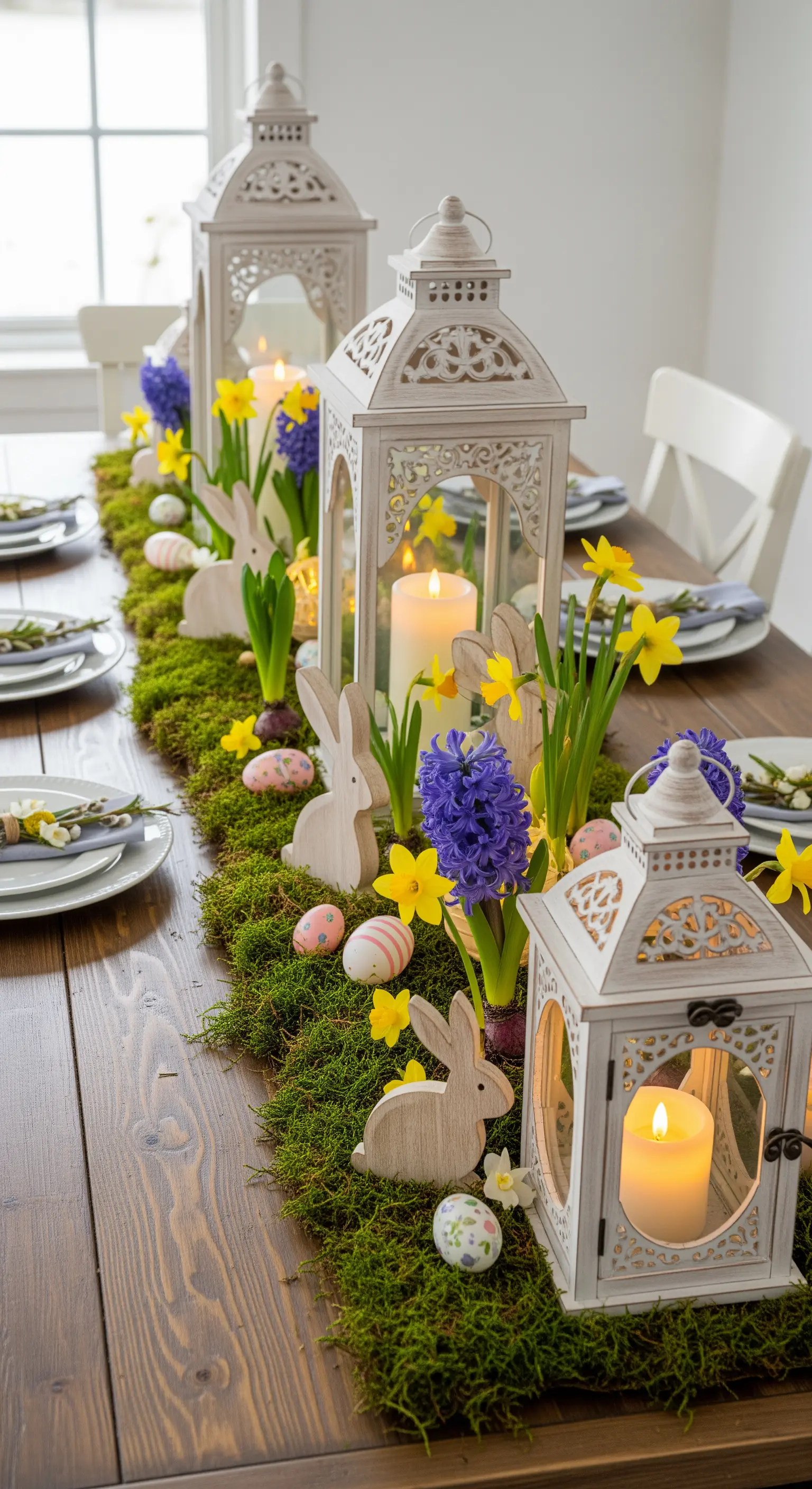 Centrotavola pasquale con lanterne bianche, muschio, narcisi e coniglietti in legno.