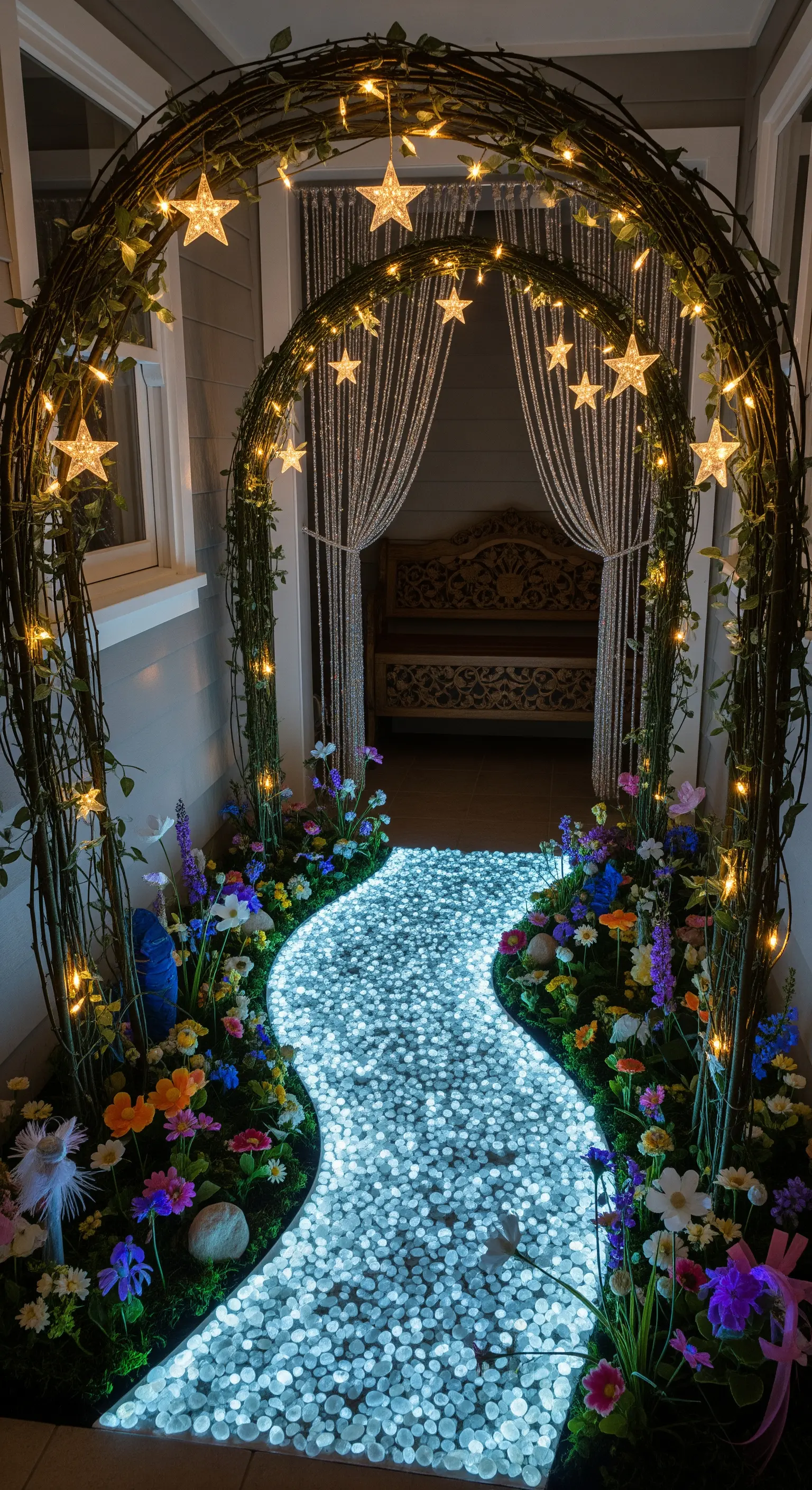 Ingresso magico con un sentiero sinuoso di ciottoli luminosi e archi decorati con lucine.