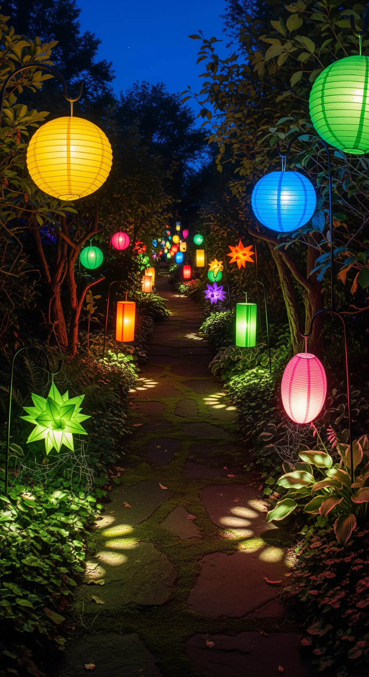 Un sentiero in un giardino illuminato di notte da numerose lanterne di carta colorate di varie forme.