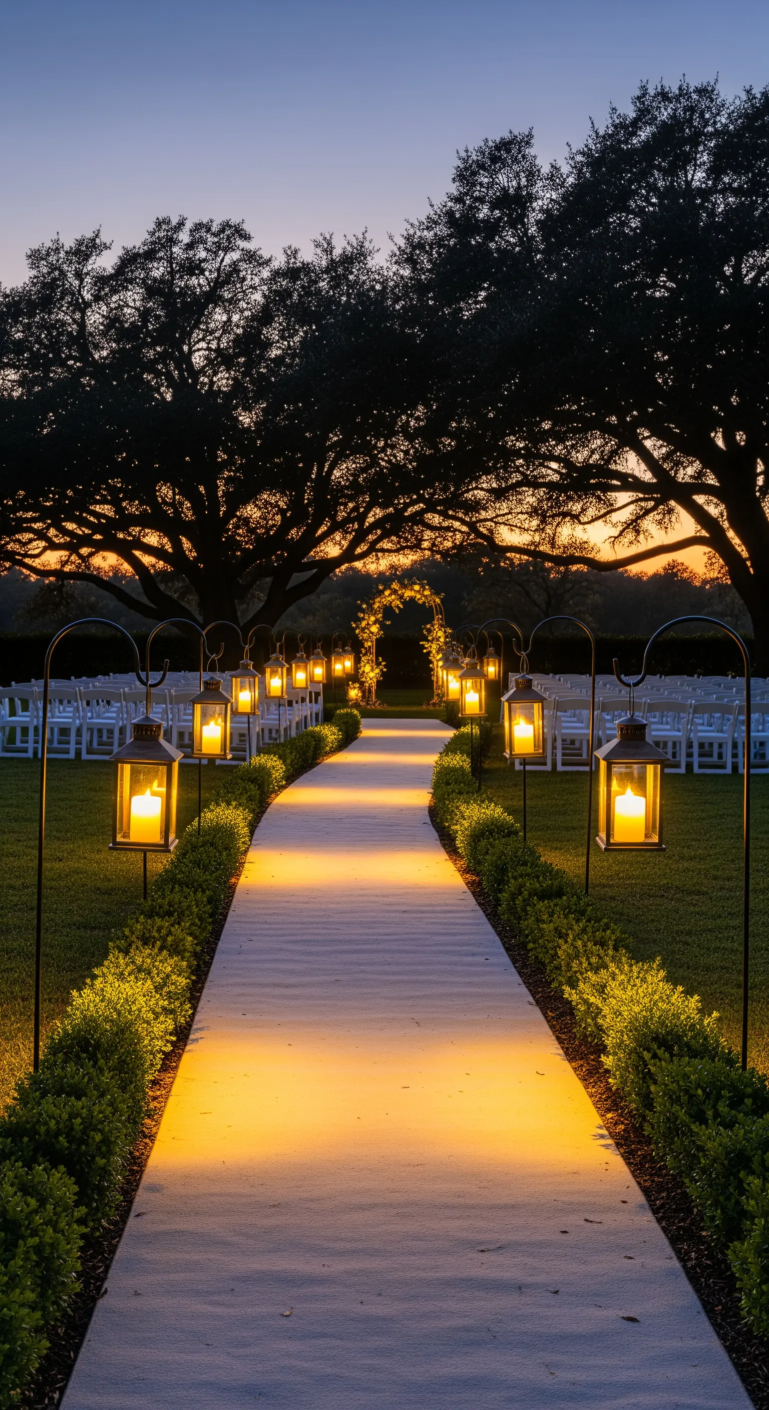 Navata per una cerimonia all'aperto fiancheggiata da lanterne appese a ganci neri.