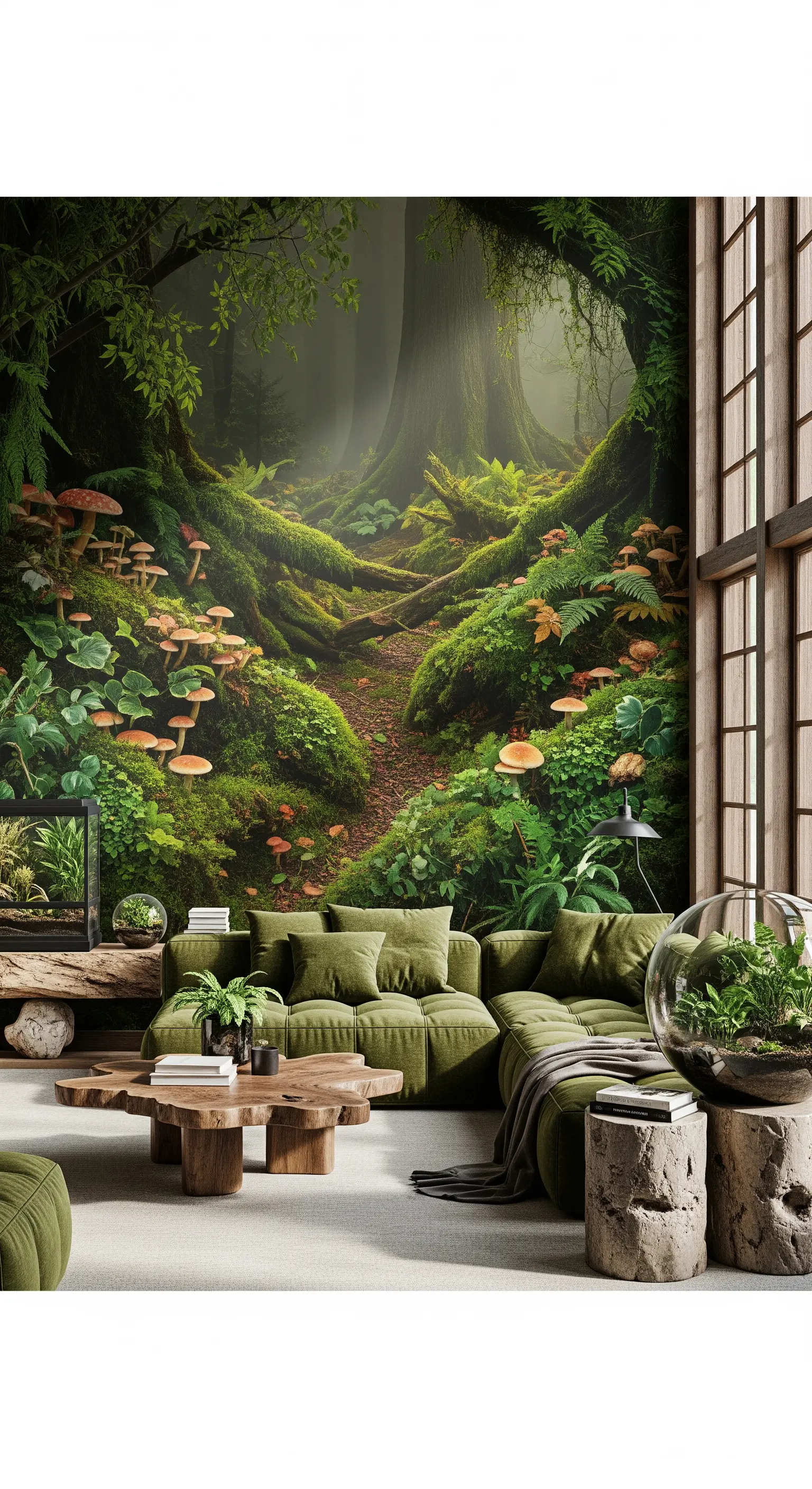 Salotto con murale di una foresta incantata e un grande divano componibile verde oliva.