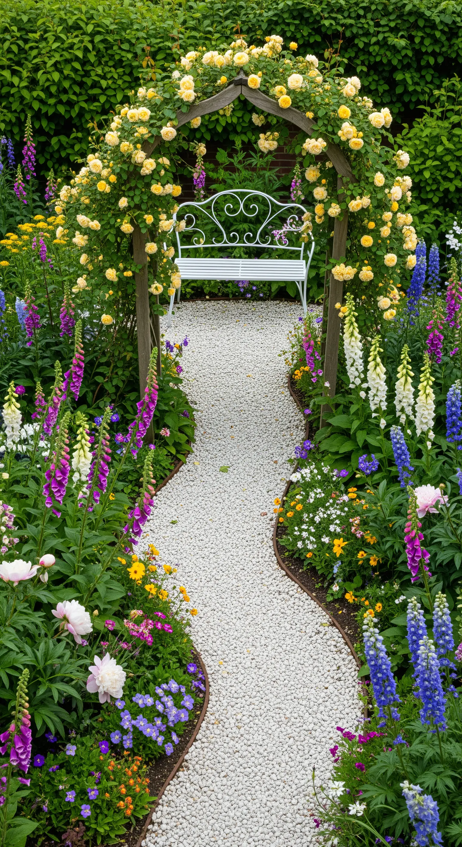 Sentiero sinuoso di ghiaia bianca che conduce a una panchina bianca sotto un arco di rose gialle.