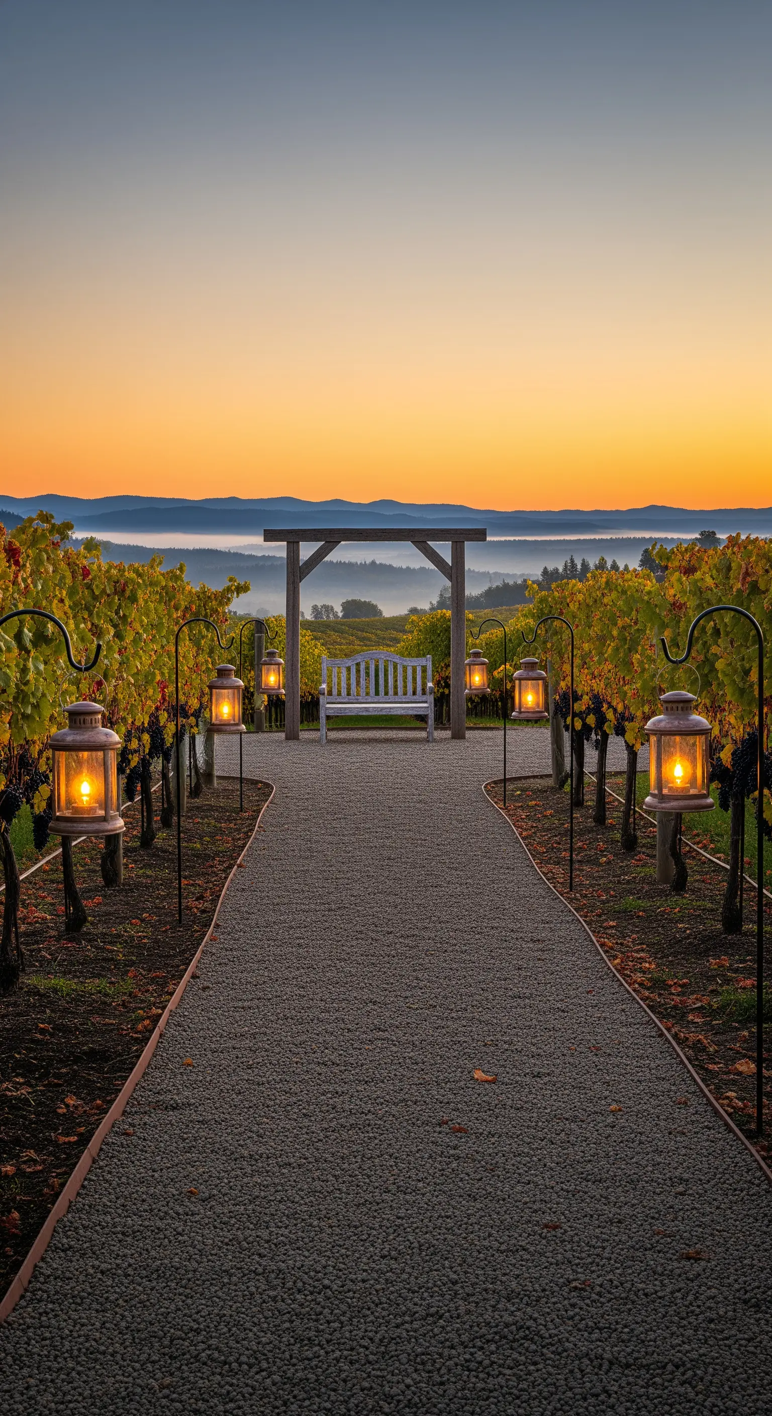 Sentiero in una vigna al tramonto, fiancheggiato da lanterne calde, che conduce a una panchina bianca.