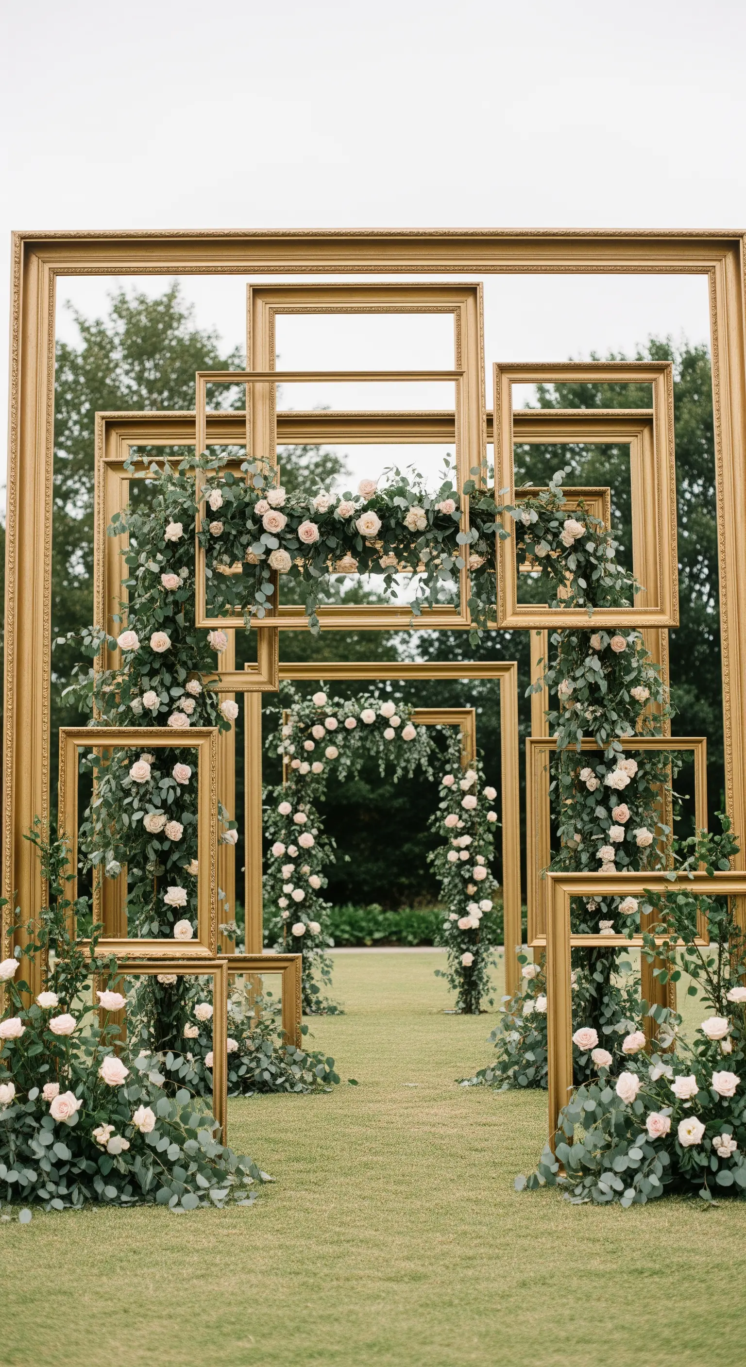 Backdrop per cerimonia nuziale composto da cornici dorate sovrapposte e decorate con fiori.