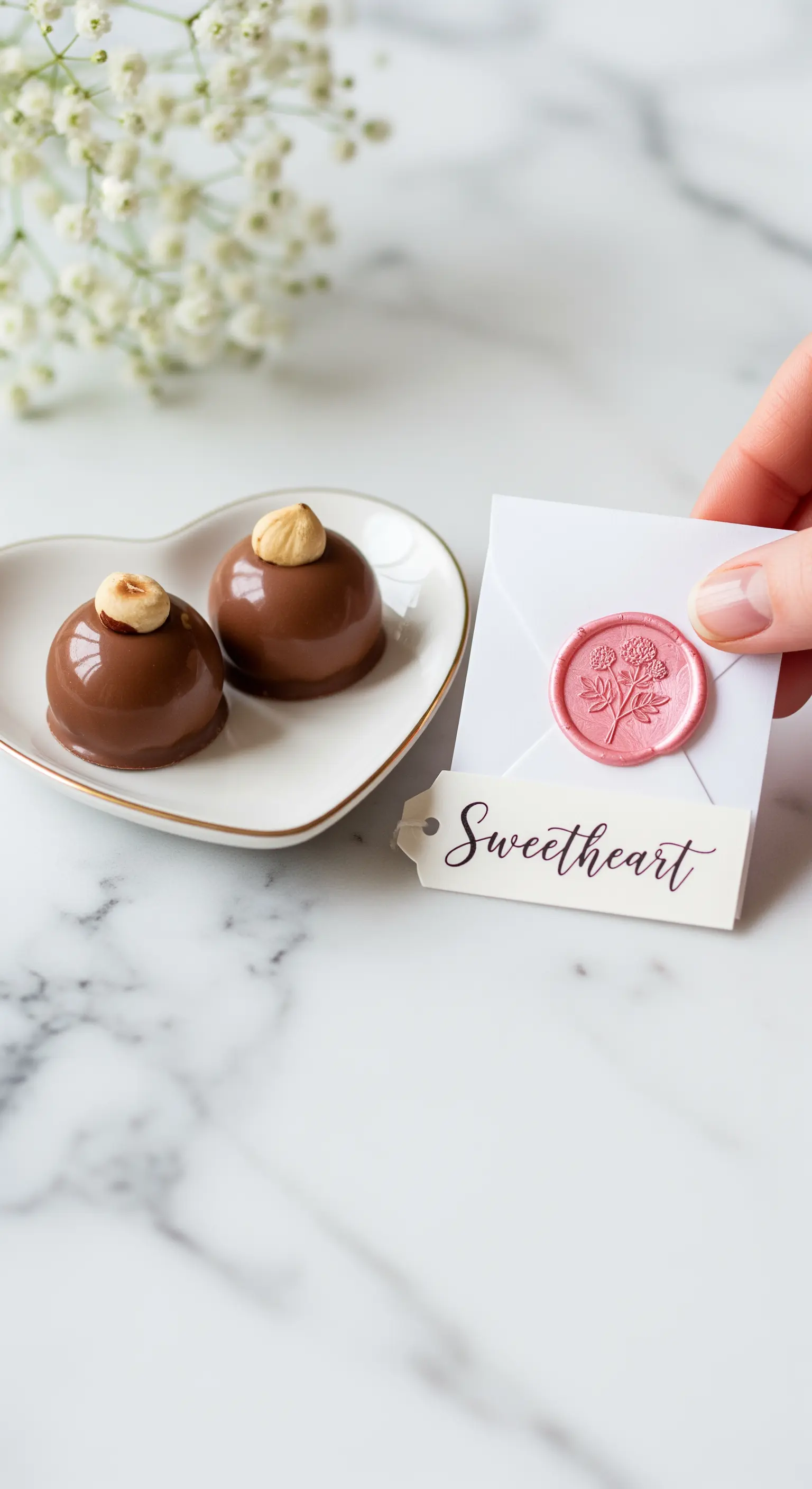 Cioccolatini su un piatto a forma di cuore con un biglietto sigillato con ceralacca rosa.