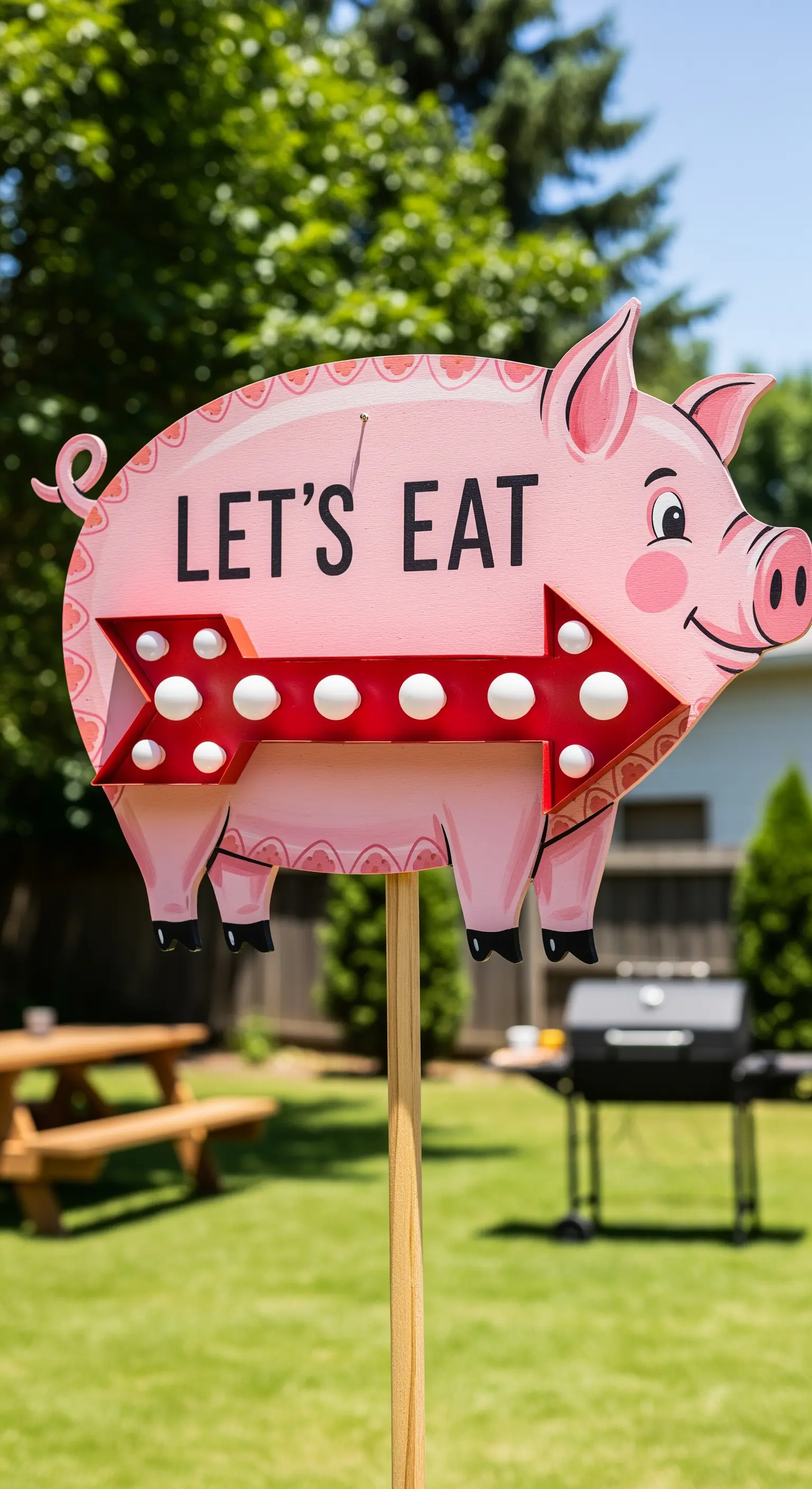 Cartello a forma di maiale rosa con freccia rossa luminosa per un barbecue in giardino.
