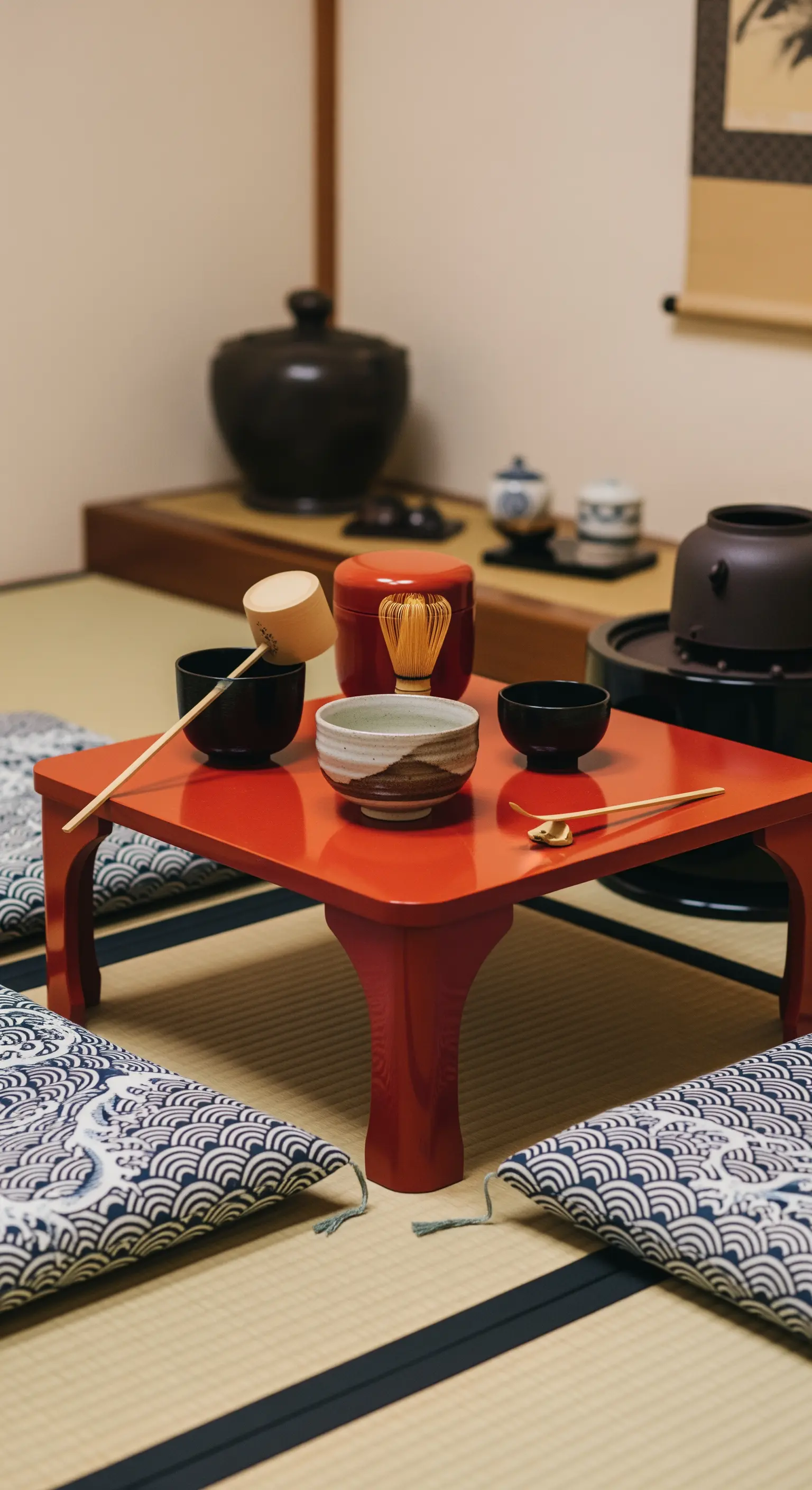 Tavolino laccato rosso al centro di una stanza con tatami e cuscini con motivi blu e bianchi.