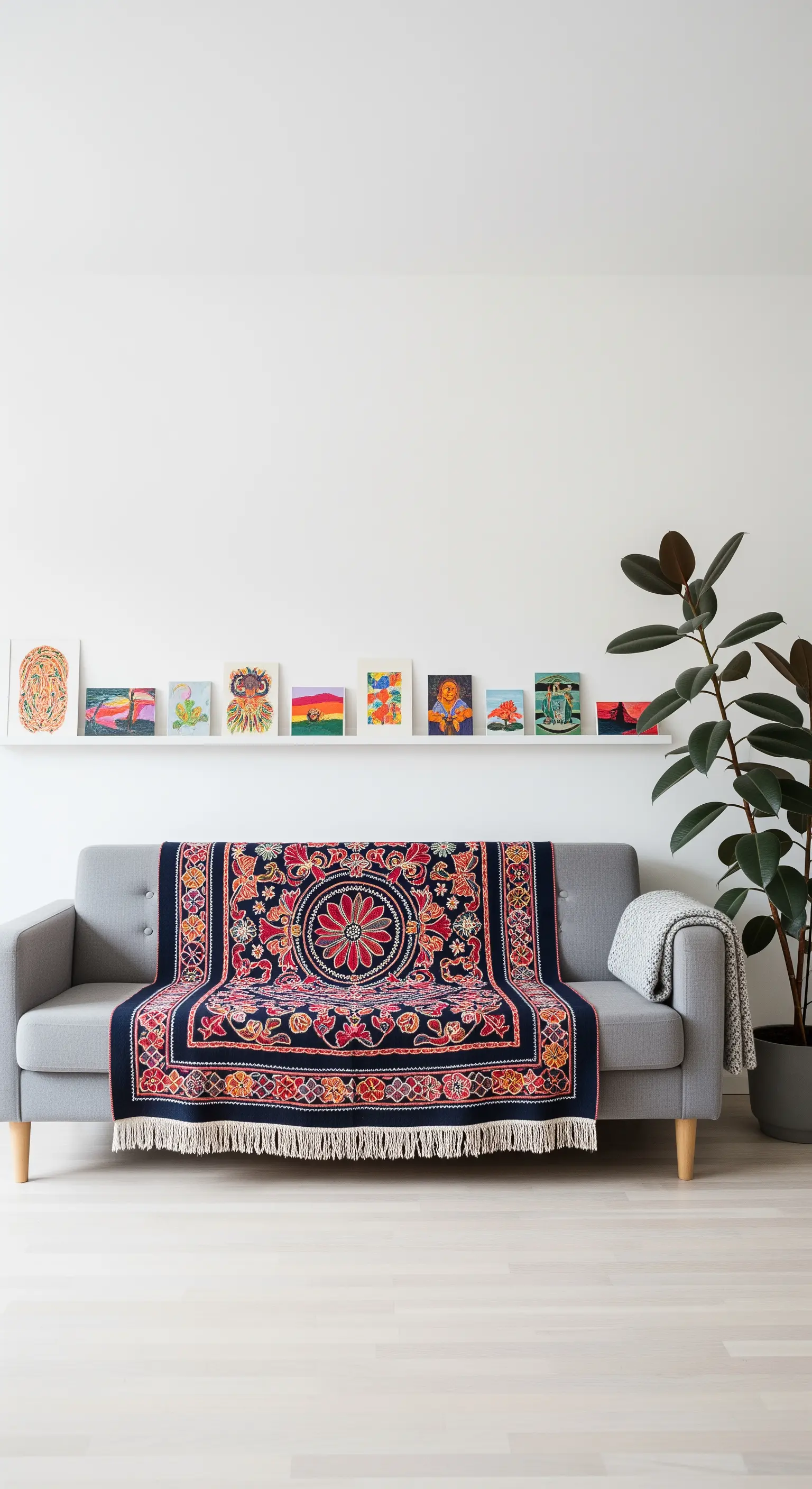 Divano grigio con un grande arazzo suzani drappeggiato, contro una parete bianca minimale.