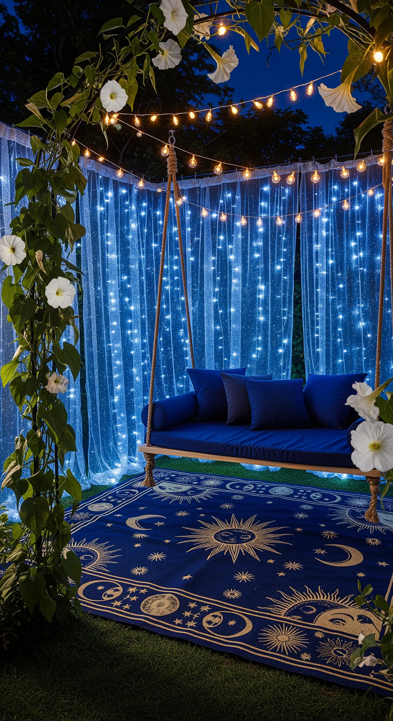 Giardino di notte con dondolo e tende illuminate da una cascata di lucine.