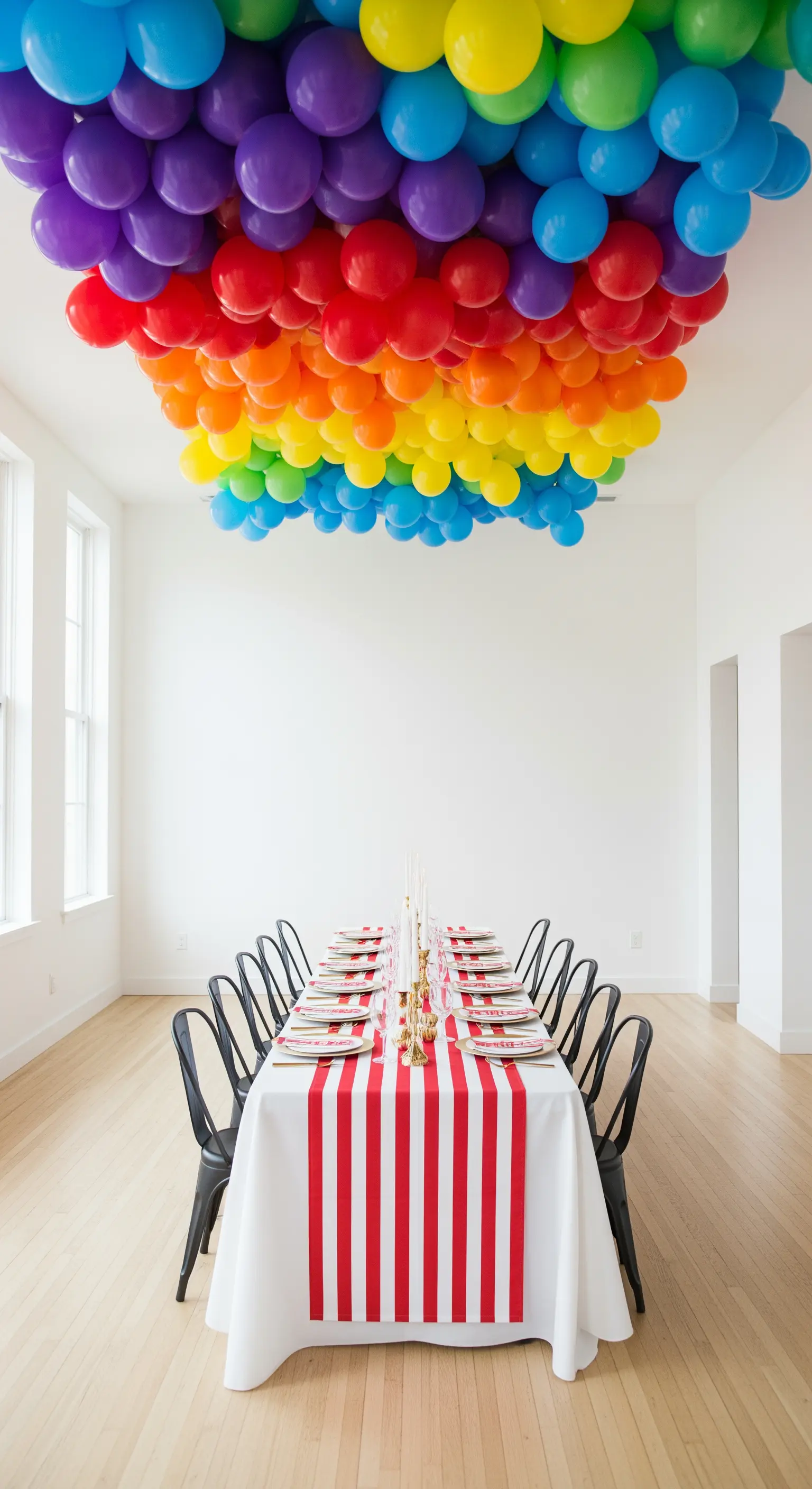 Soffitto interamente coperto da palloncini arcobaleno sopra un lungo tavolo da pranzo.