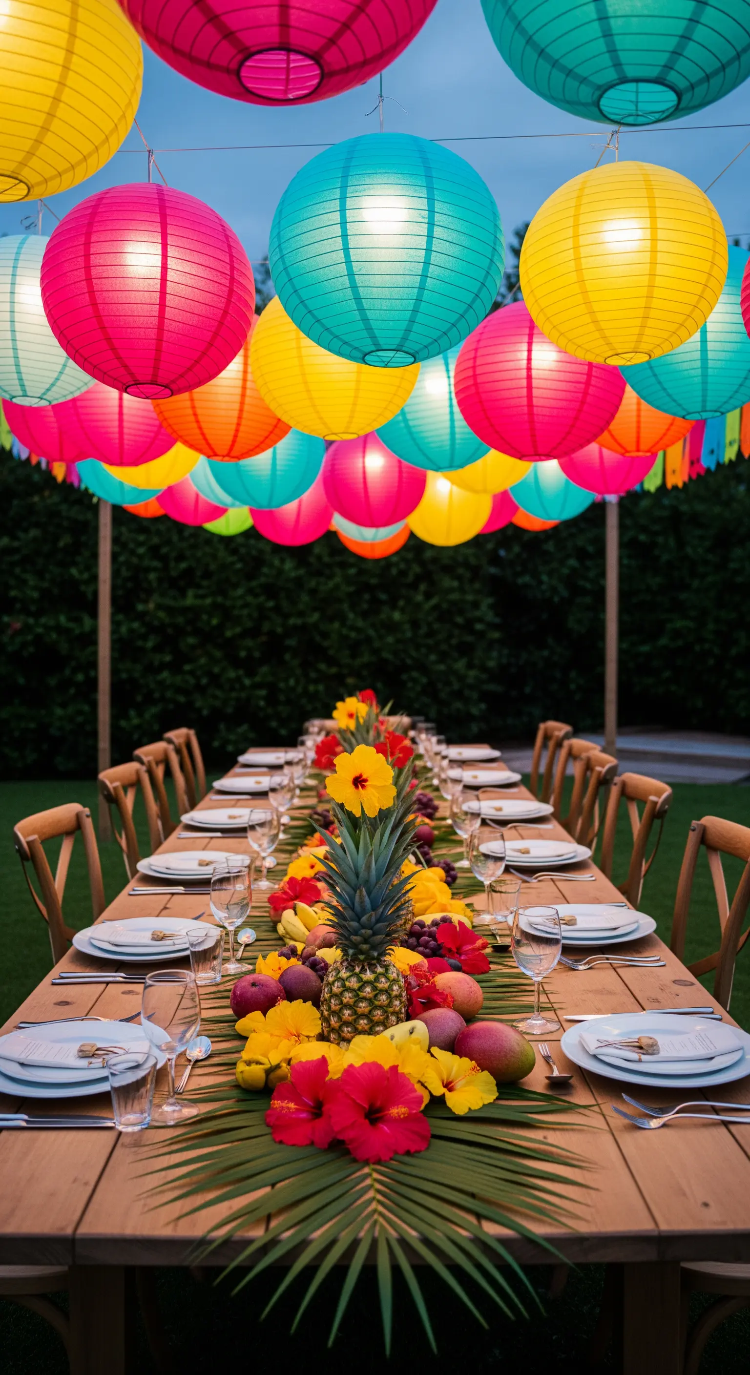 Tavolata estiva in giardino sotto un cielo di lanterne di carta colorate e illuminate.