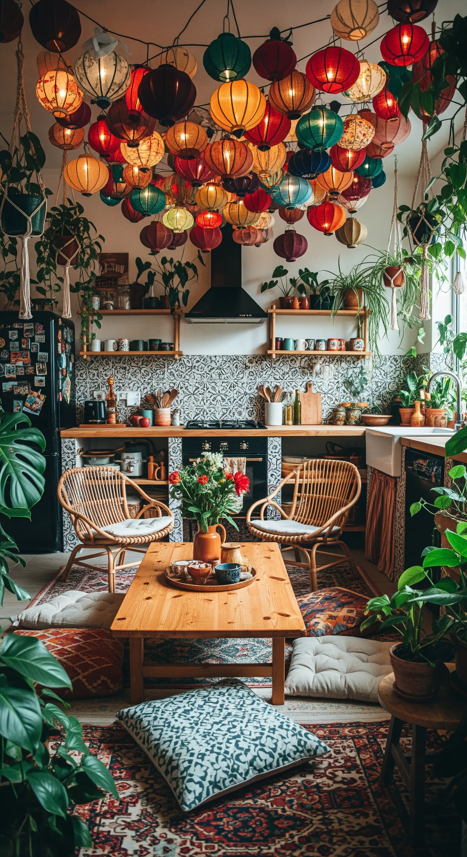 Cucina bohémien con un soffitto coperto da decine di lanterne di carta colorate e piante pendenti.