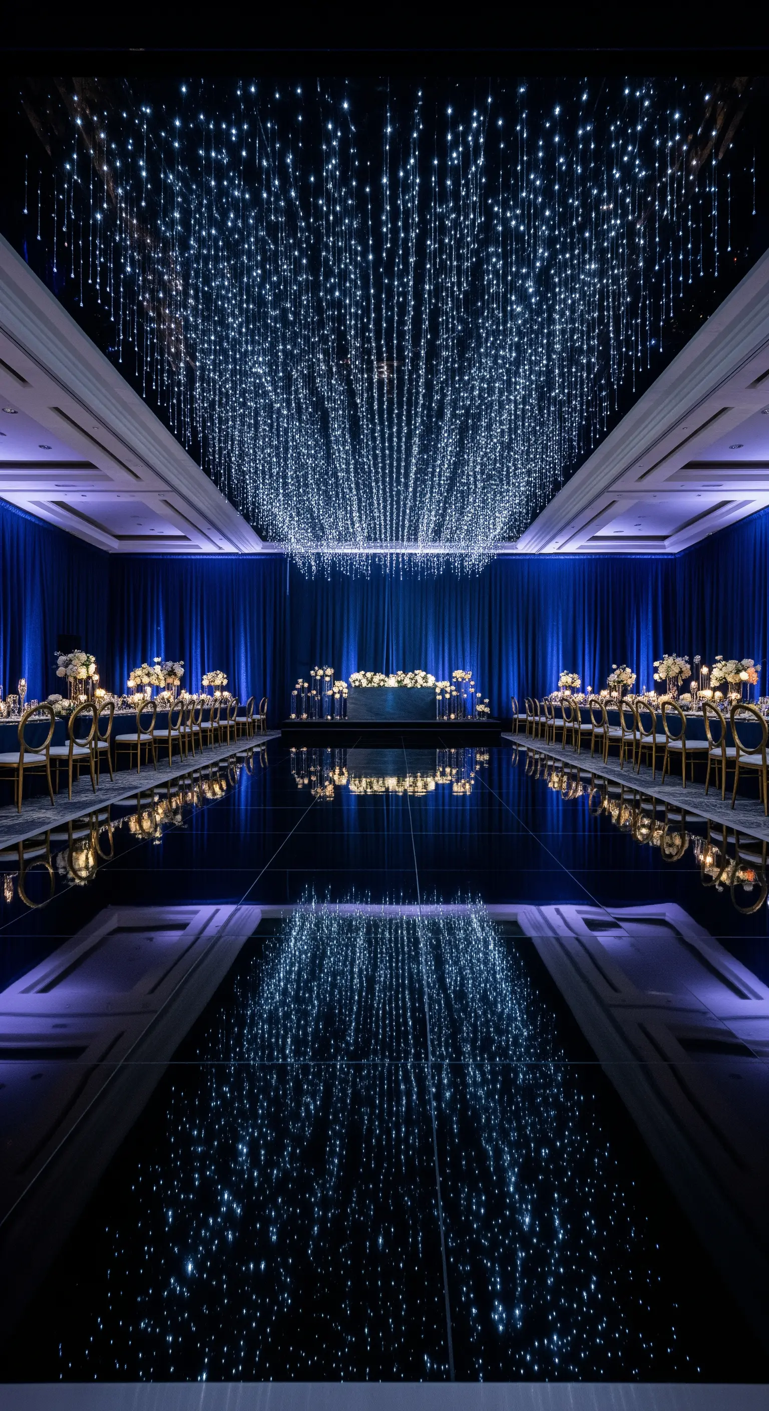 Sala da ballo con soffitto di lucine a cascata e pavimento nero riflettente.