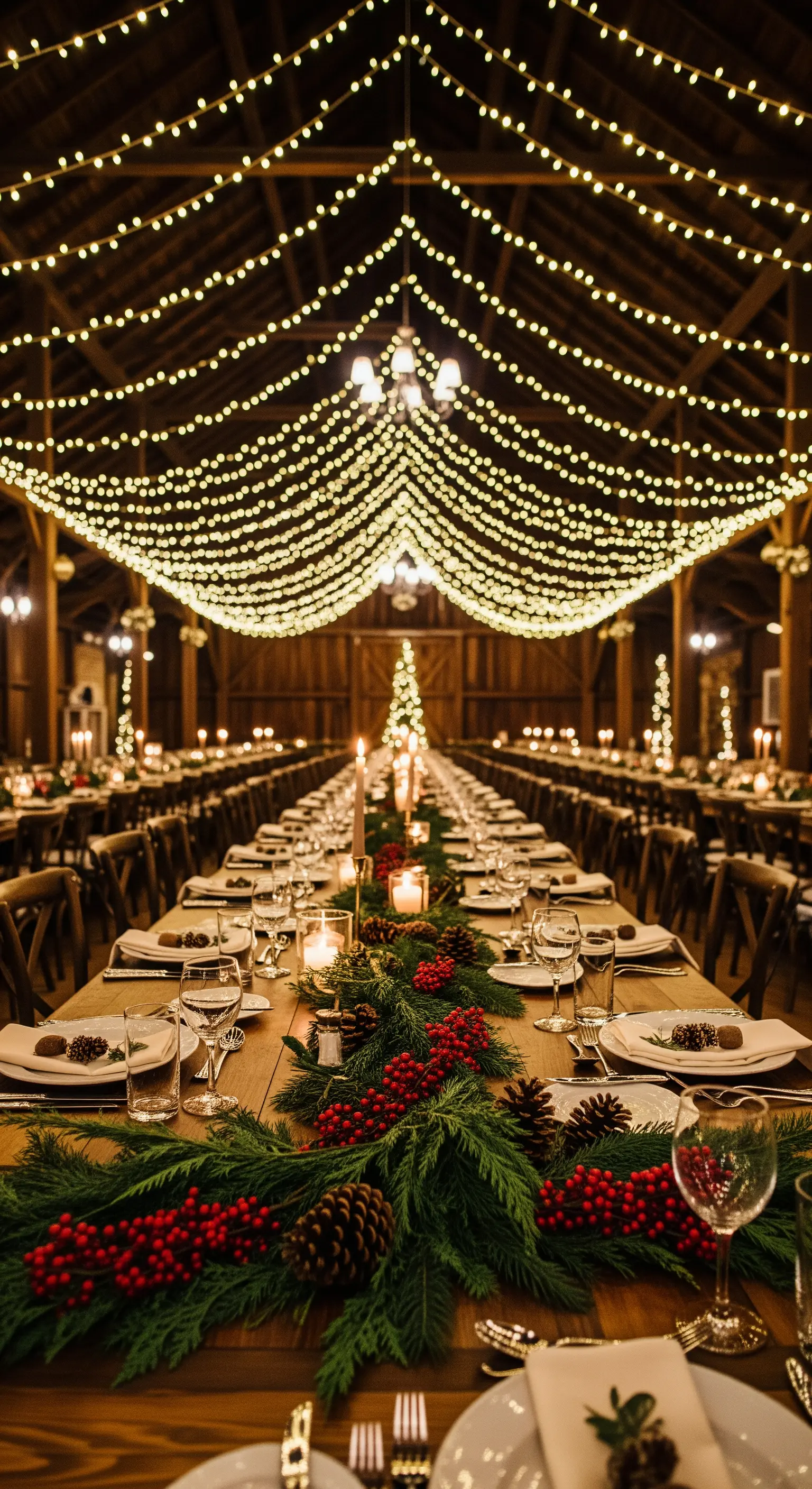 Lungo tavolo da banchetto in un fienile con soffitto di lucine calde.