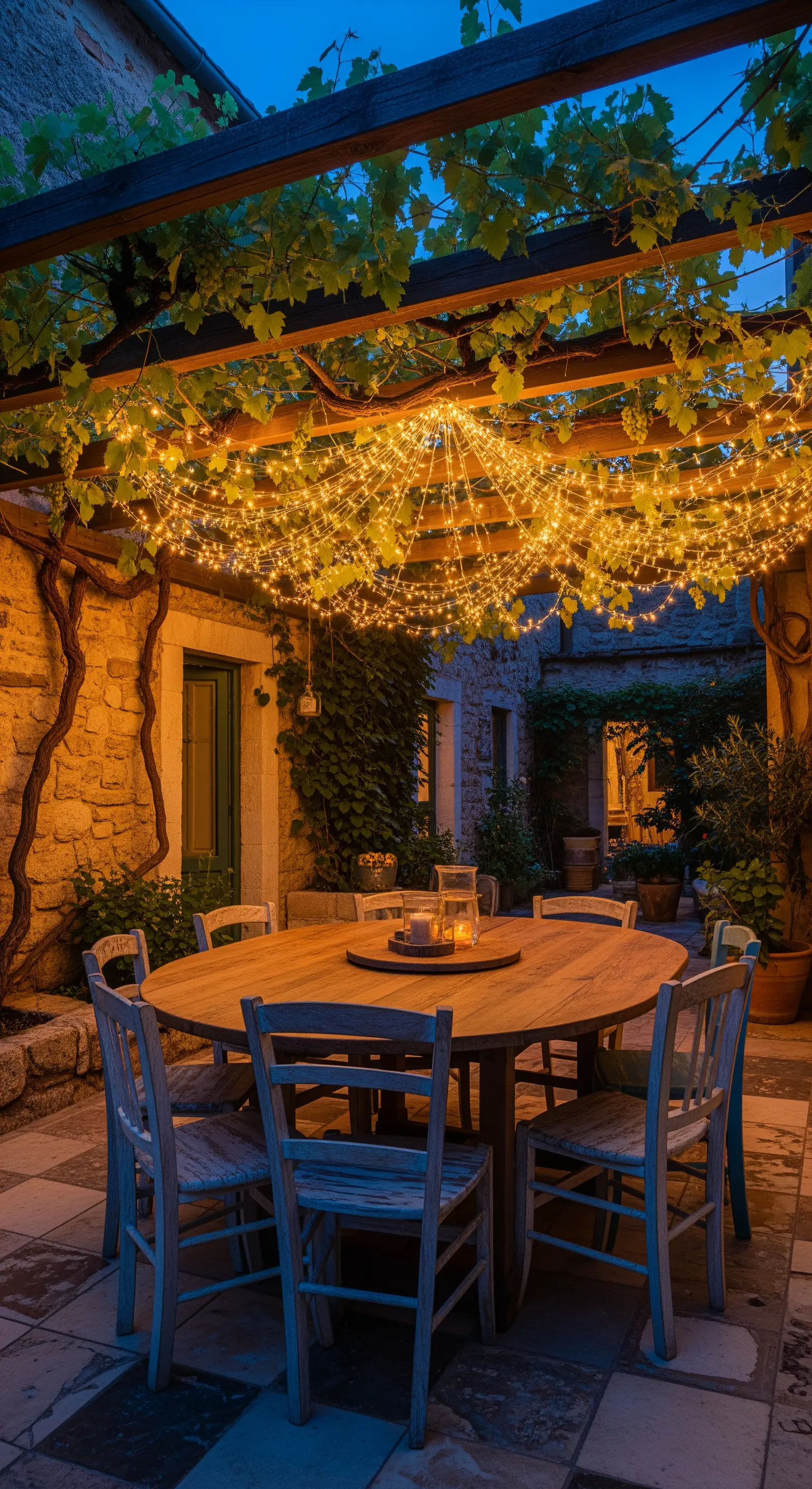Tavolo rotondo in un cortile in pietra illuminato da una cascata di lucine