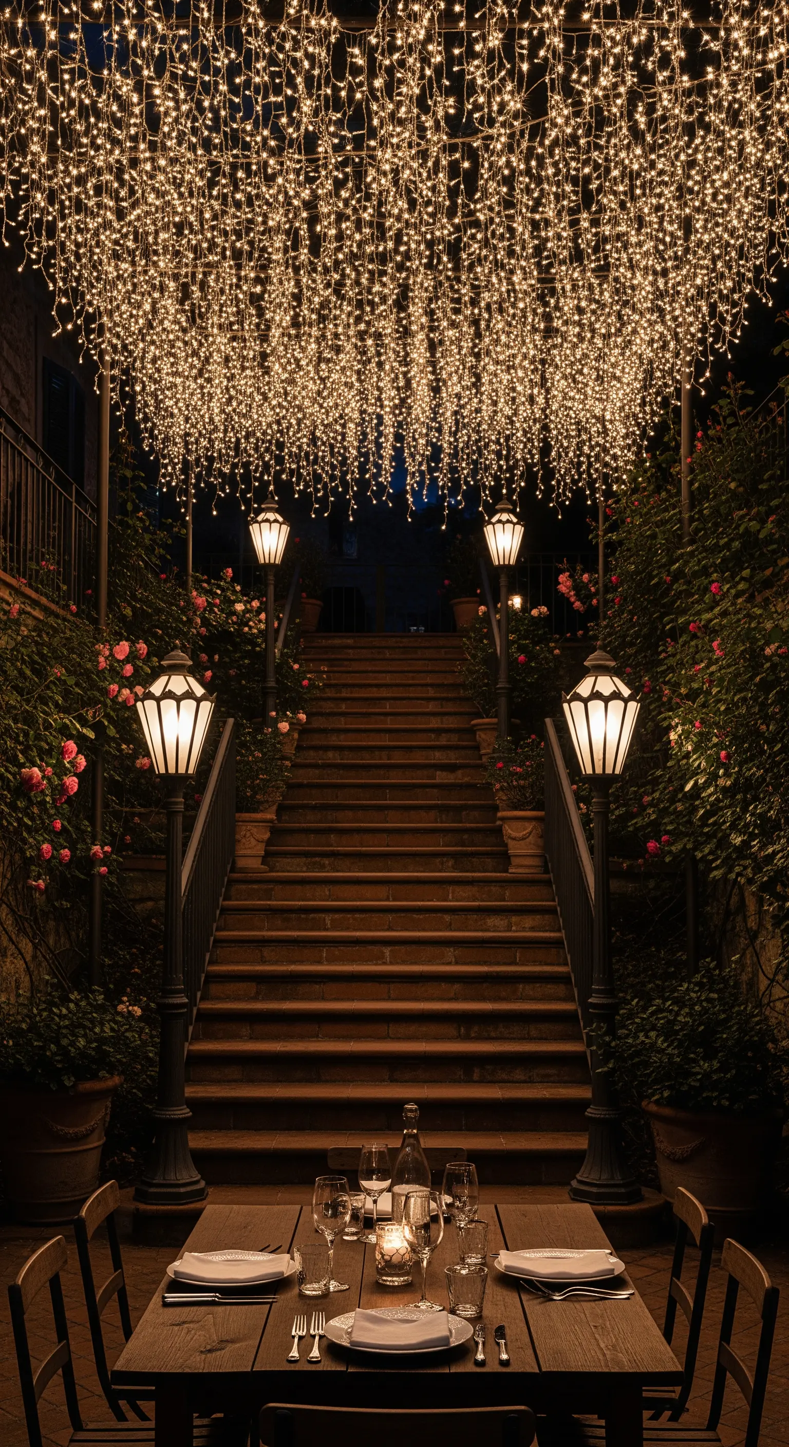 Tavolo da pranzo allestito sotto un fitto tetto di luci a cascata, con lampioni su una scalinata.