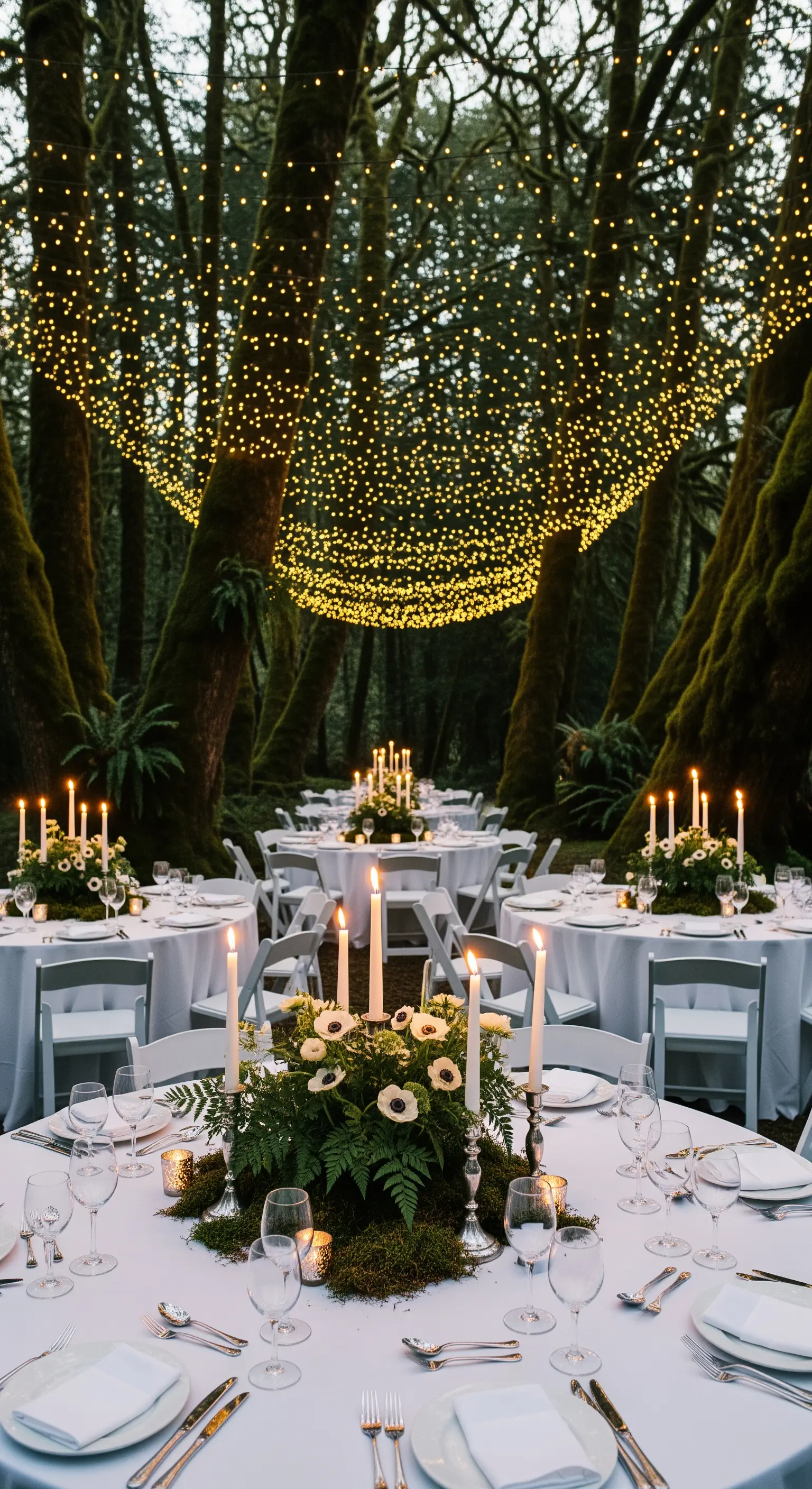 Matrimonio nel bosco di notte con un soffitto di lucine e tavoli rotondi illuminati da candele.