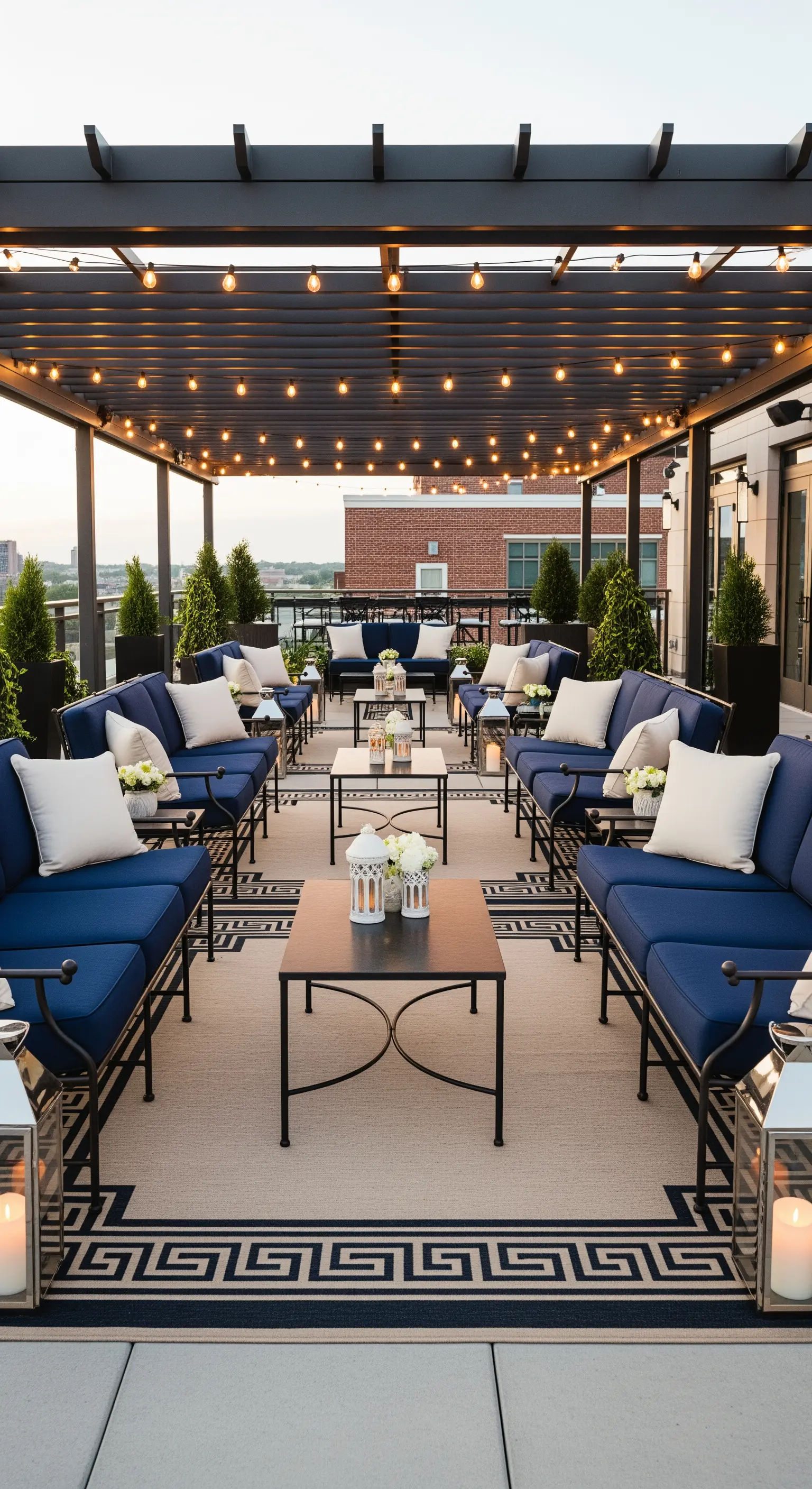 Grande terrazza con pergola, divani blu e un soffitto fitto di lucine.
