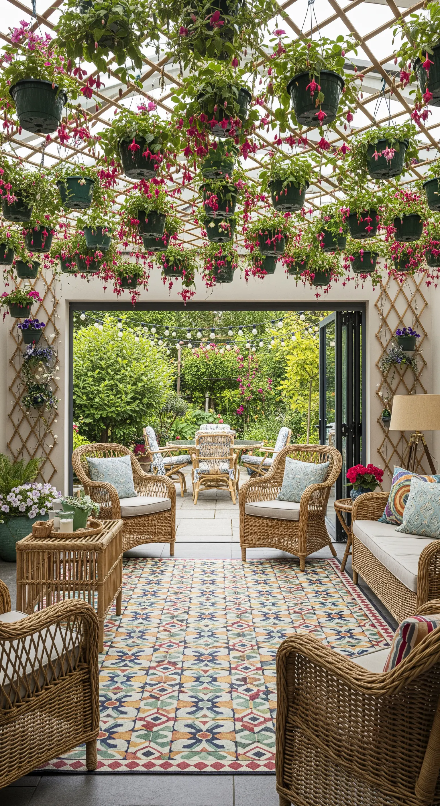 Veranda con soffitto a griglia interamente coperto di vasi di fucsie rosa pendenti.