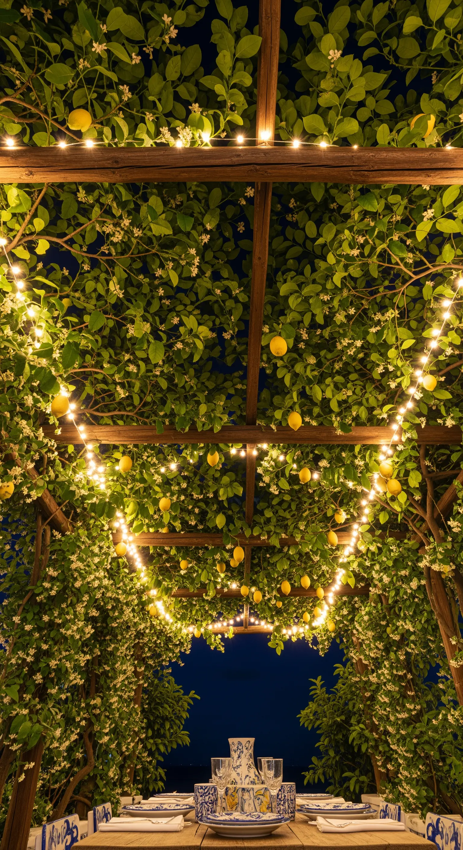 Pergolato coperto da piante di limone e illuminato da festoni di luci calde.