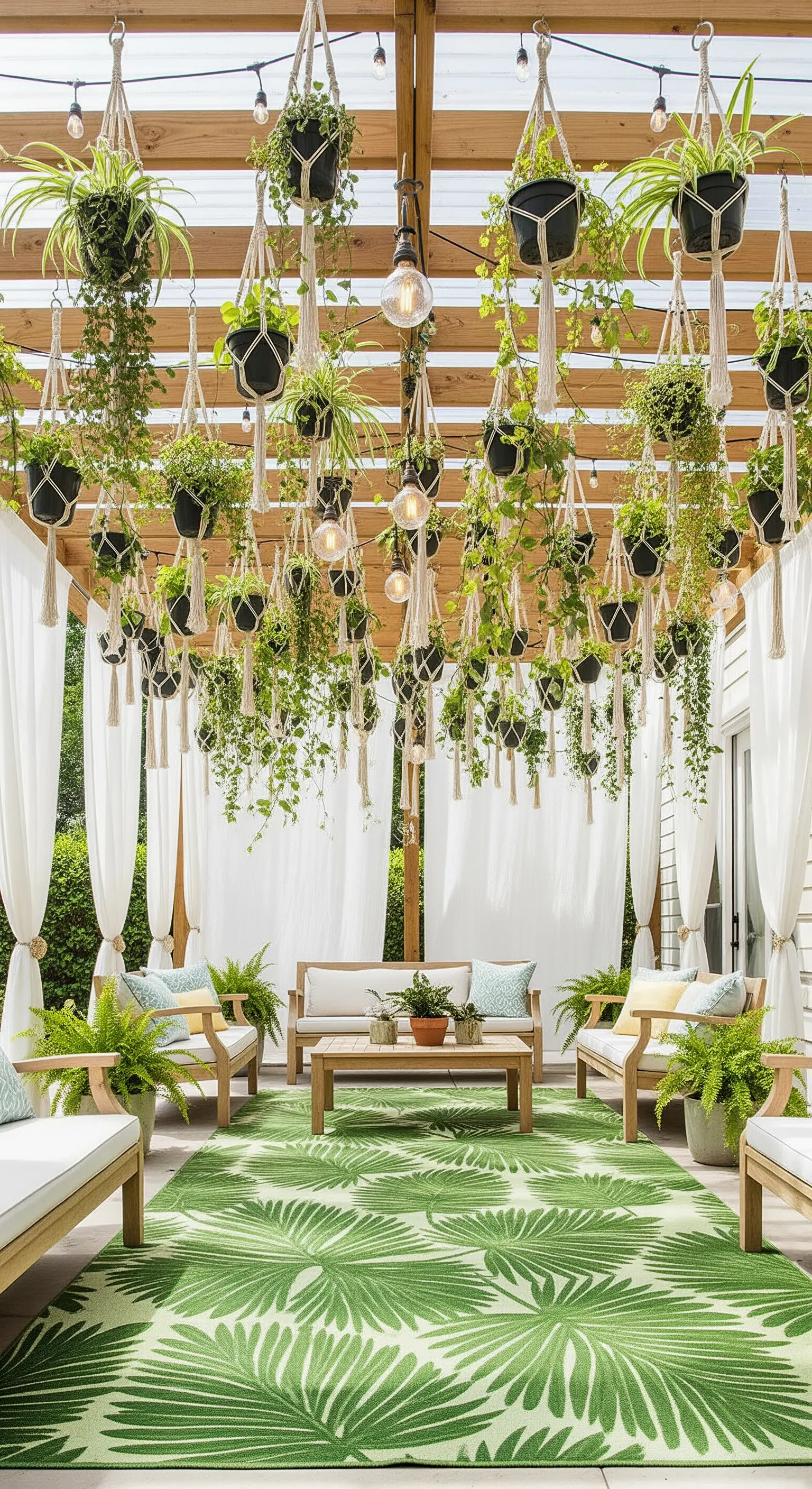 Pergola con un soffitto di piante ricadenti, tende bianche e un tappeto a tema foglia.