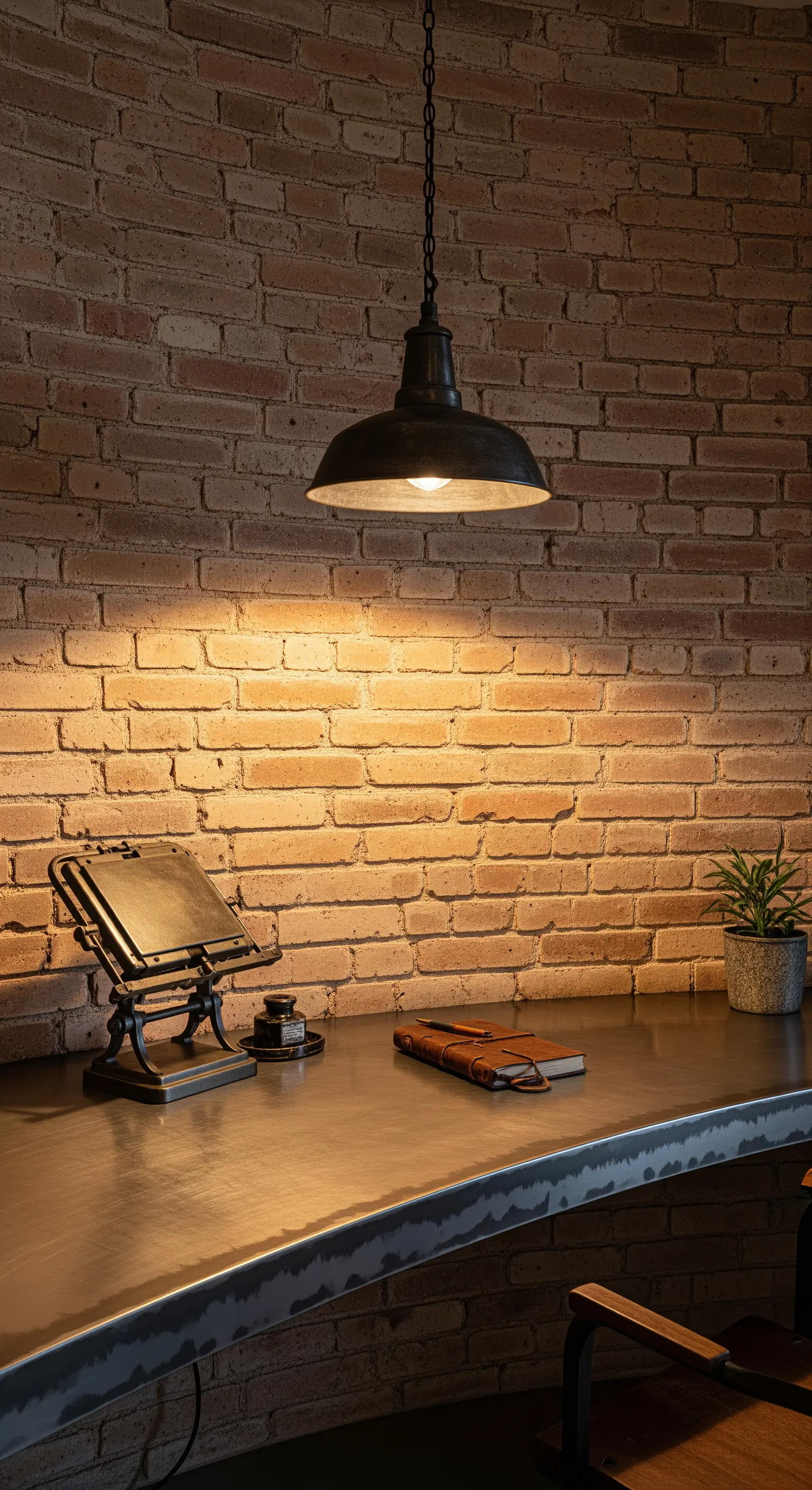 Lampada a sospensione industriale che illumina un dettaglio di una scrivania in metallo.