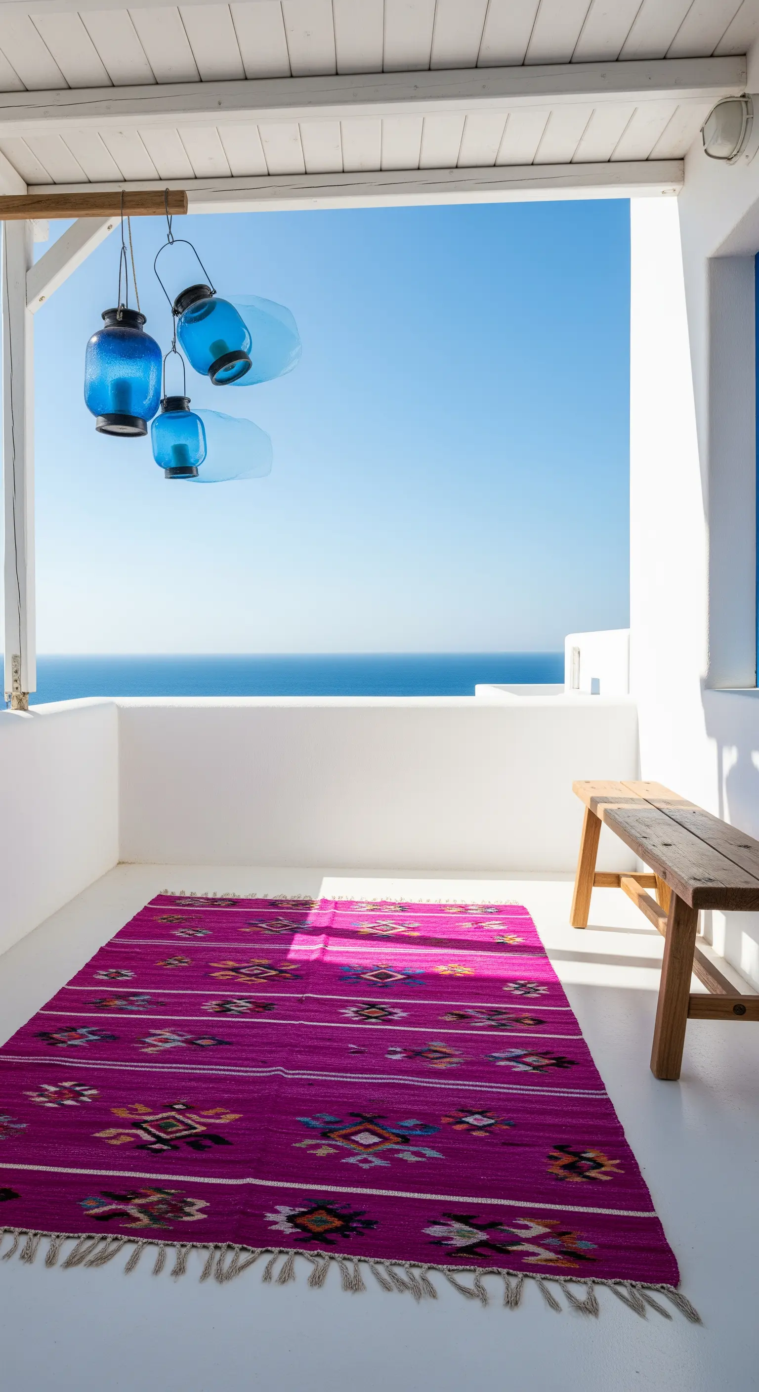 Terrazza bianca minimalista con un tappeto kilim fucsia acceso e lanterne di vetro blu.