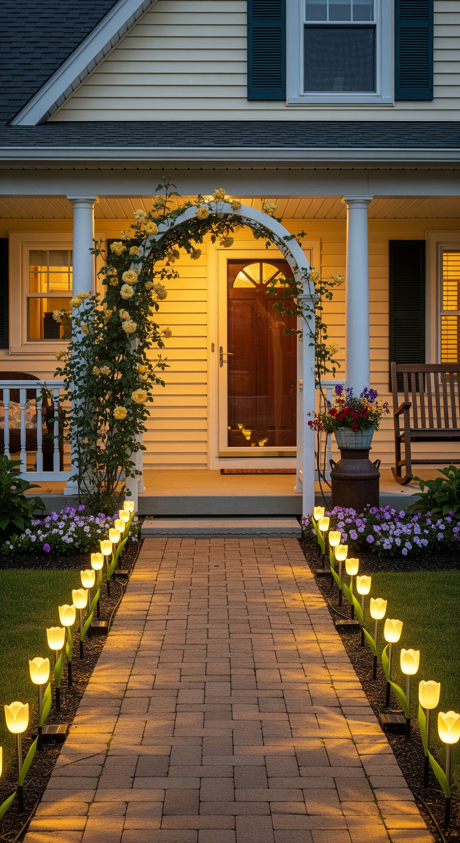 Vialetto di mattoni che conduce a un portico giallo, fiancheggiato da luci a forma di tulipano.